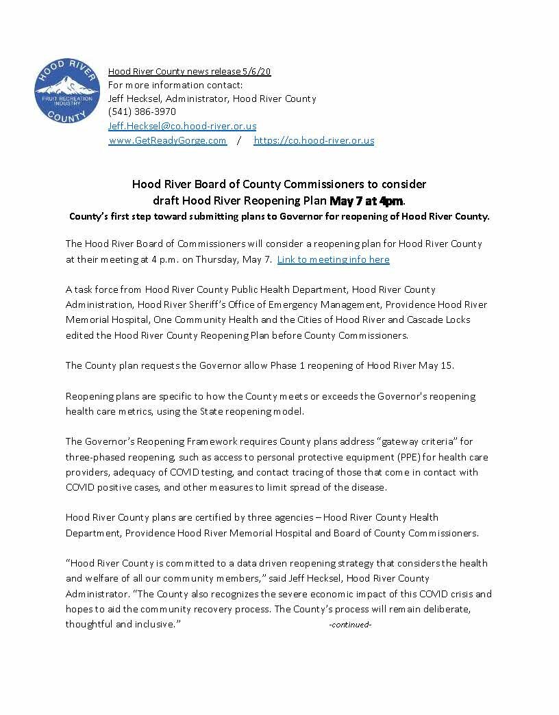 Hood River County COVID reopening news release 5-7-20