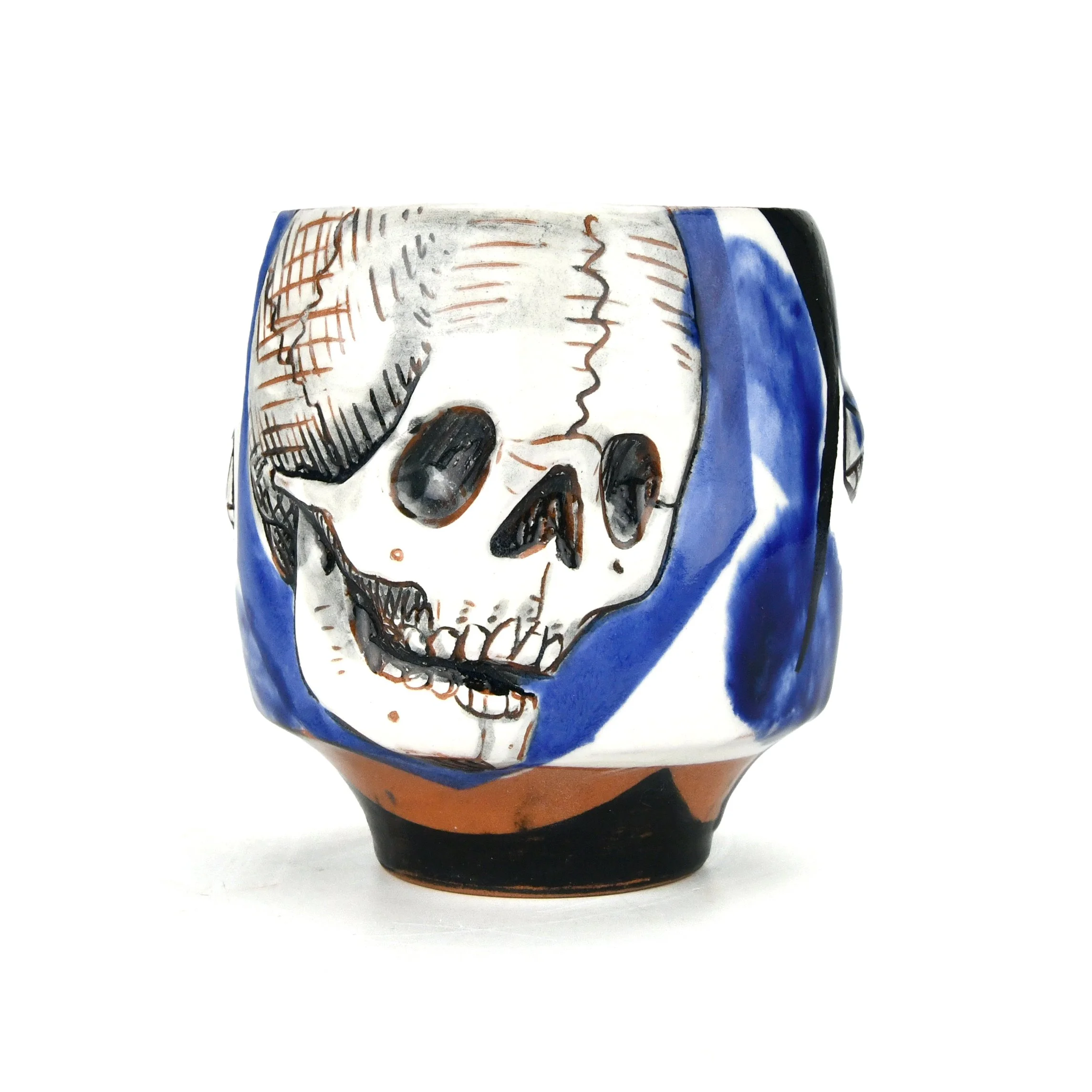 Jessica Brandl,	"Death Sits Behind Every Maiden" cup, red earthenware, slip and glaze