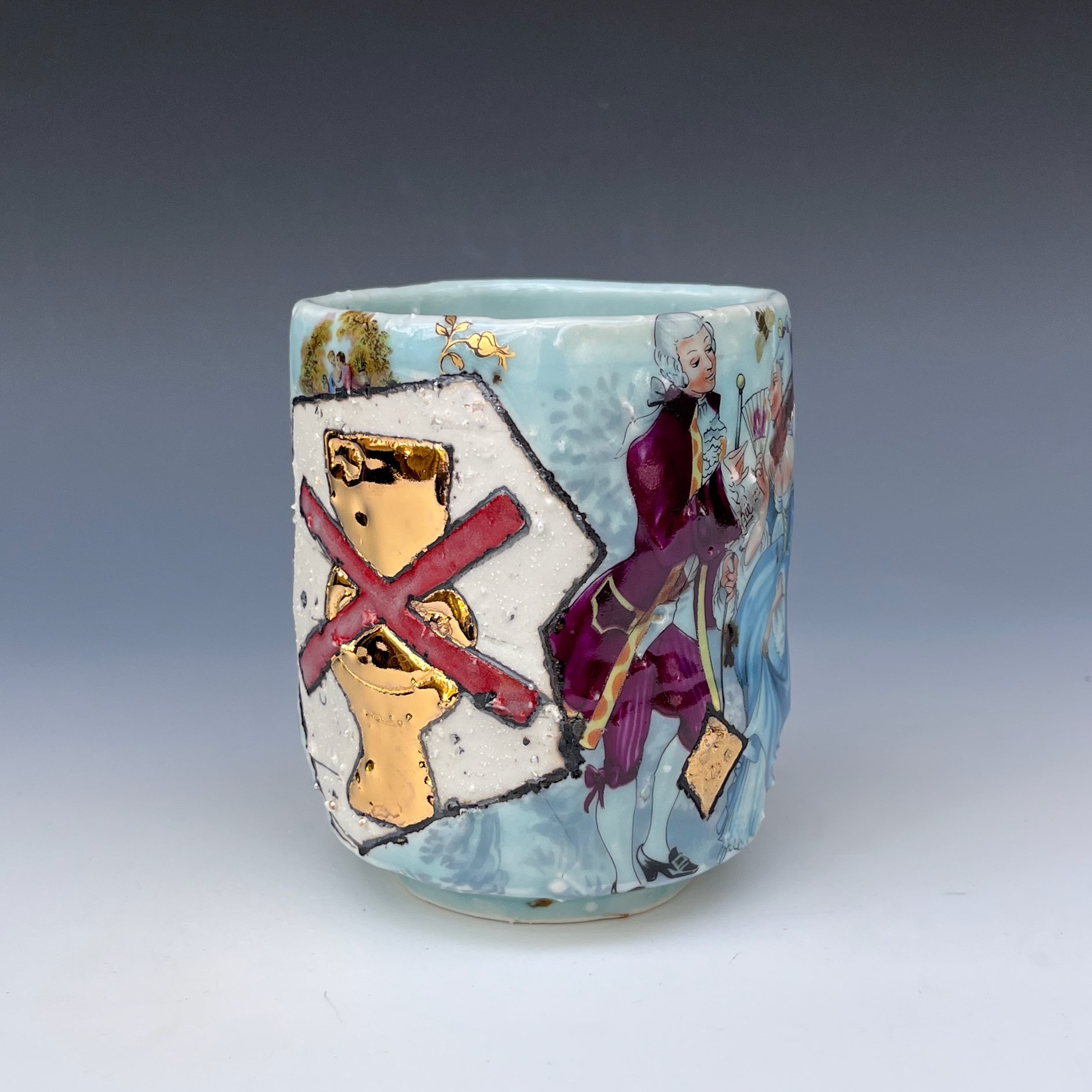 Gillian Parke,
No Gold Crap; Porcelain with feldspar and molochite inclusions, underglaze, cobalt glaze, cone 10 gas reduction; Open-stock decals and luster overglazes, multiple cone 017 electric firing, 4 x 3 x 3"
