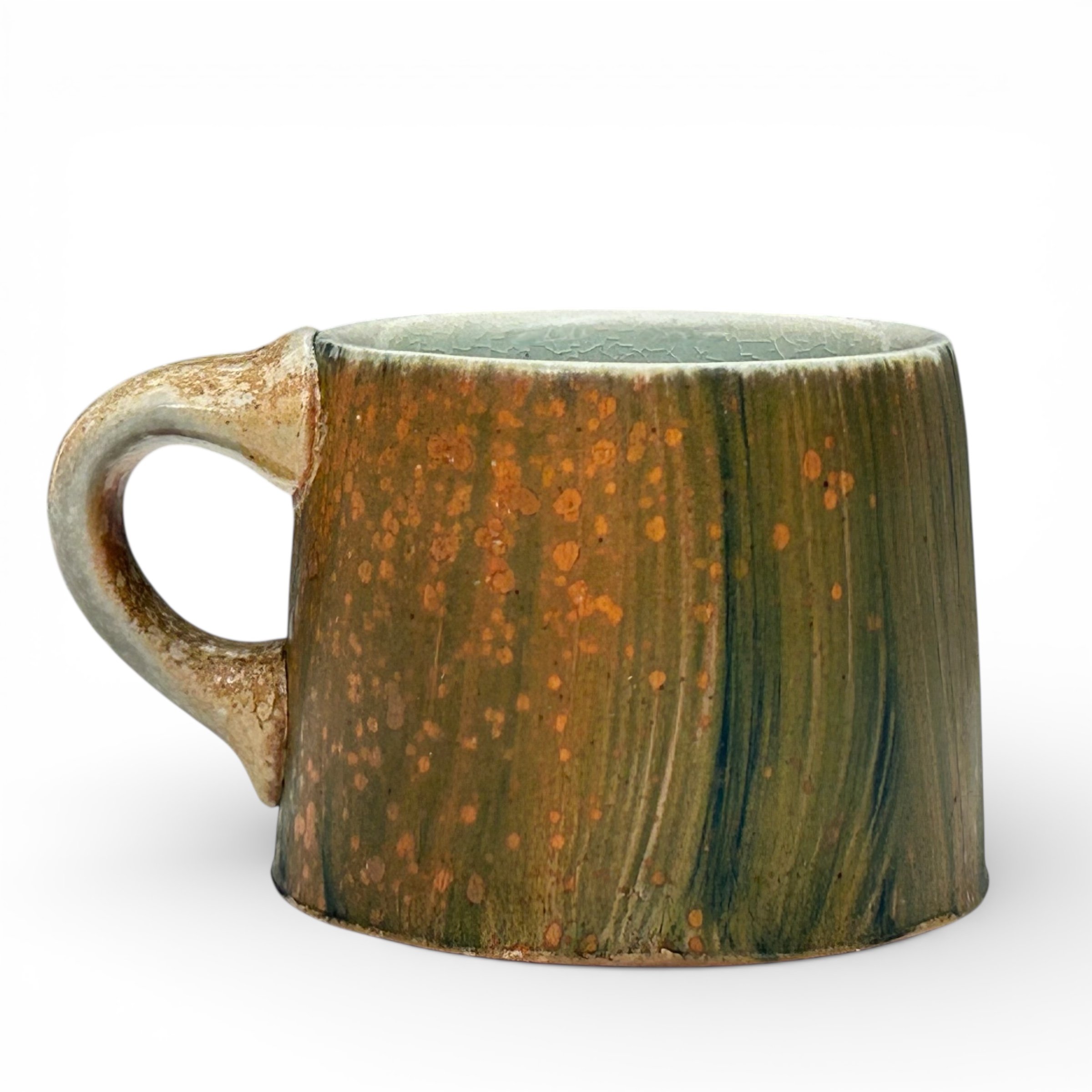 Simon Levin, "Flower Field Mug",	porcelain, underglaze, celadon liner glaze, cone ten soda fired; 3" x 4.8" x 3.8"