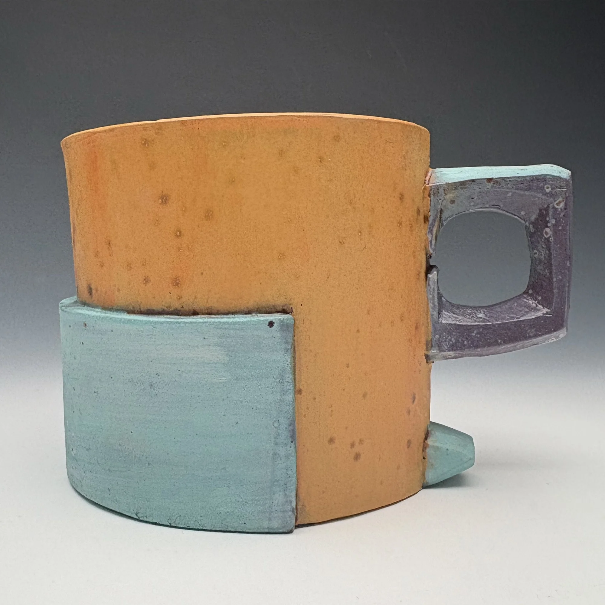 Marty Fielding, "Americano Mug", Handbuilt Cone 3 Red Clay, Underglaze and Glaze, Electric Fired, 3.5"h x 5"w x 3.5"d