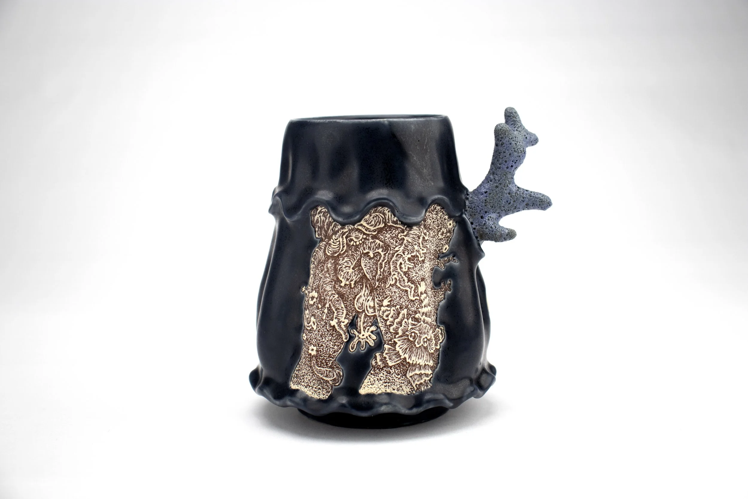 Shaun Mallonga, puss pussific rim tumbler; Cone 6 oxidation-fired red stoneware, 6 x 4 x 4”
