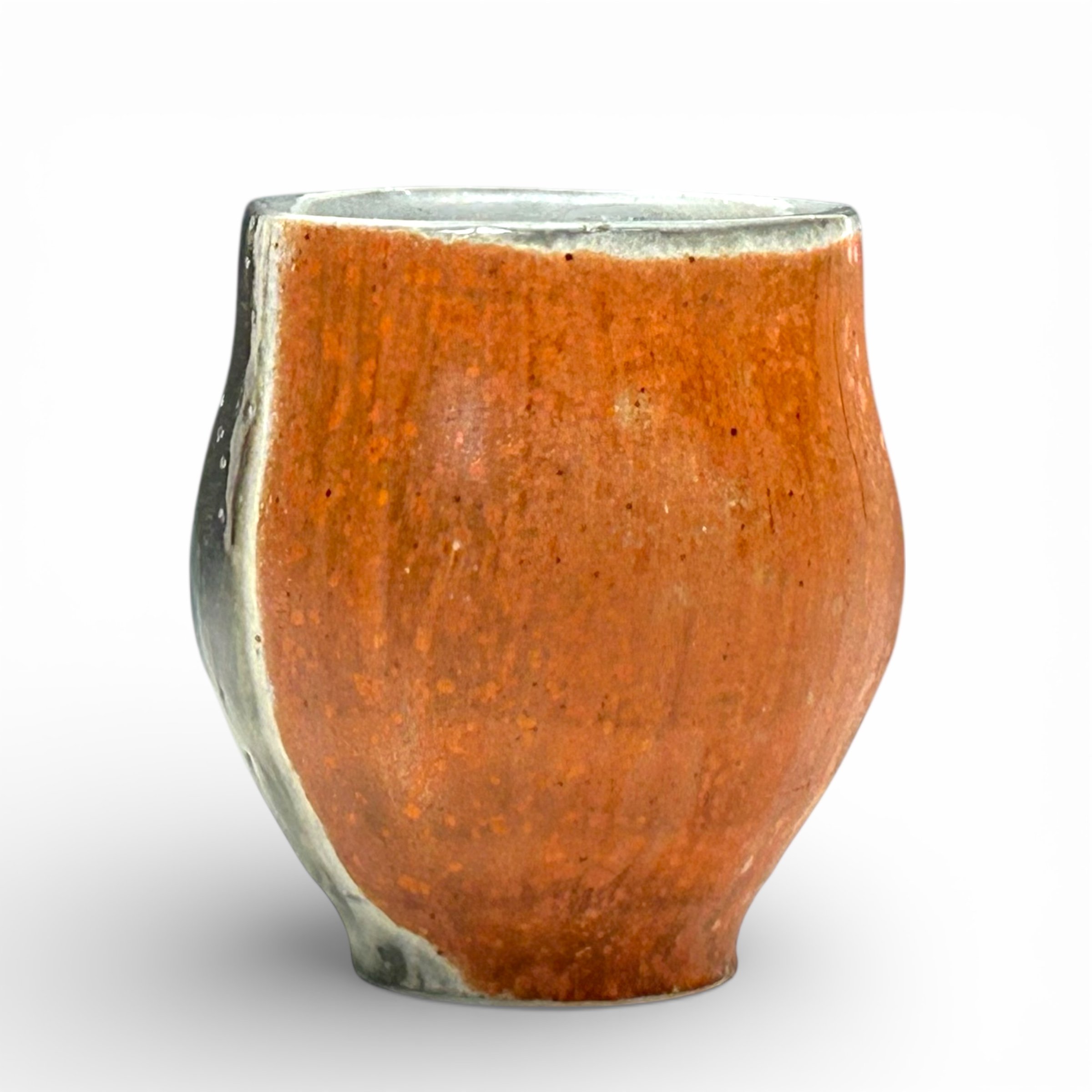 Simon Levin, "Day and Night Yunomi",	porcelain, underglaze, celadon liner glaze, cone ten soda fired; 3.8" x 3.5" x 3.5"