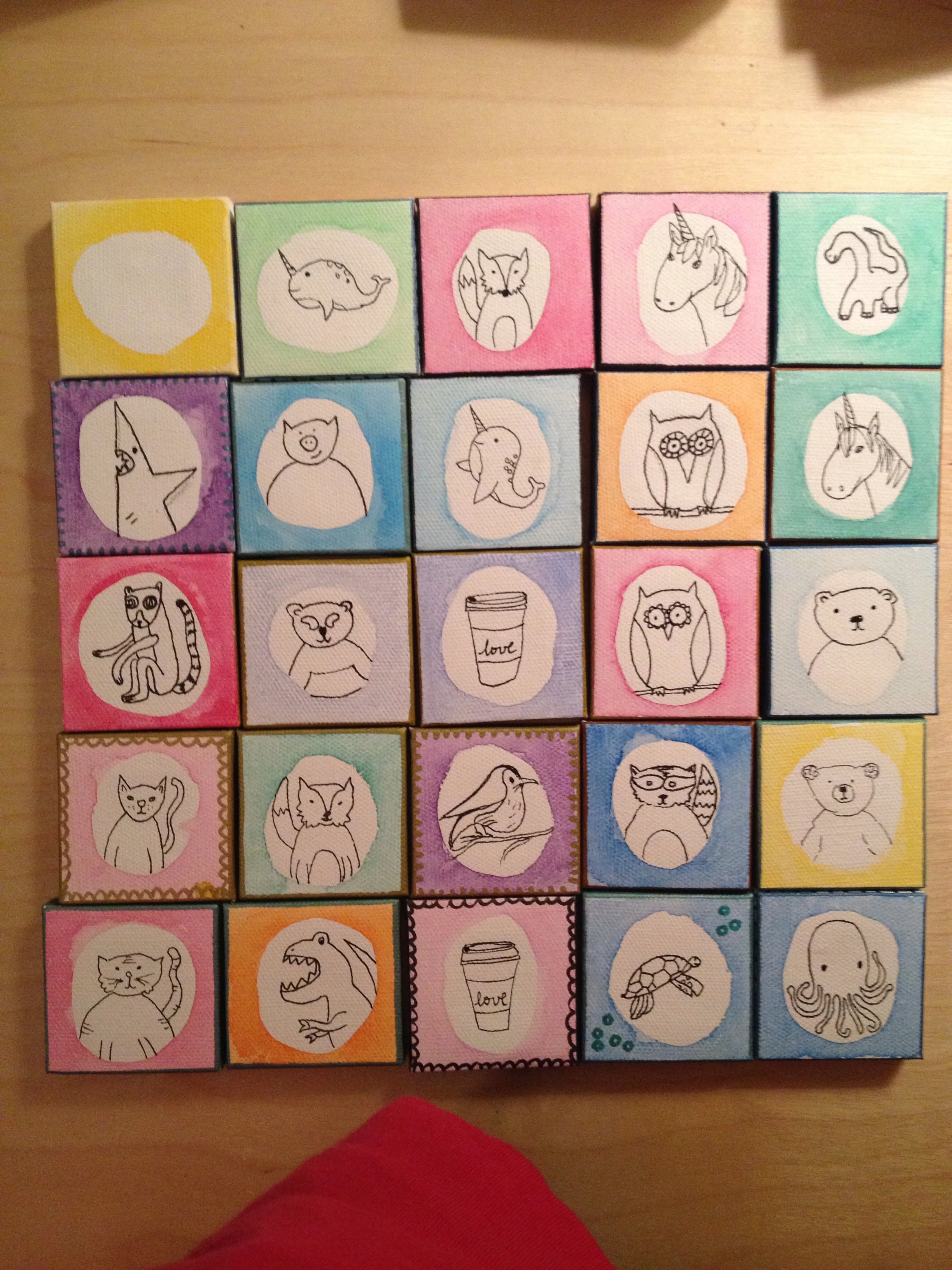 Each 2"x2" canvas is watercolored and doodled (usually while watching an 80's movie).