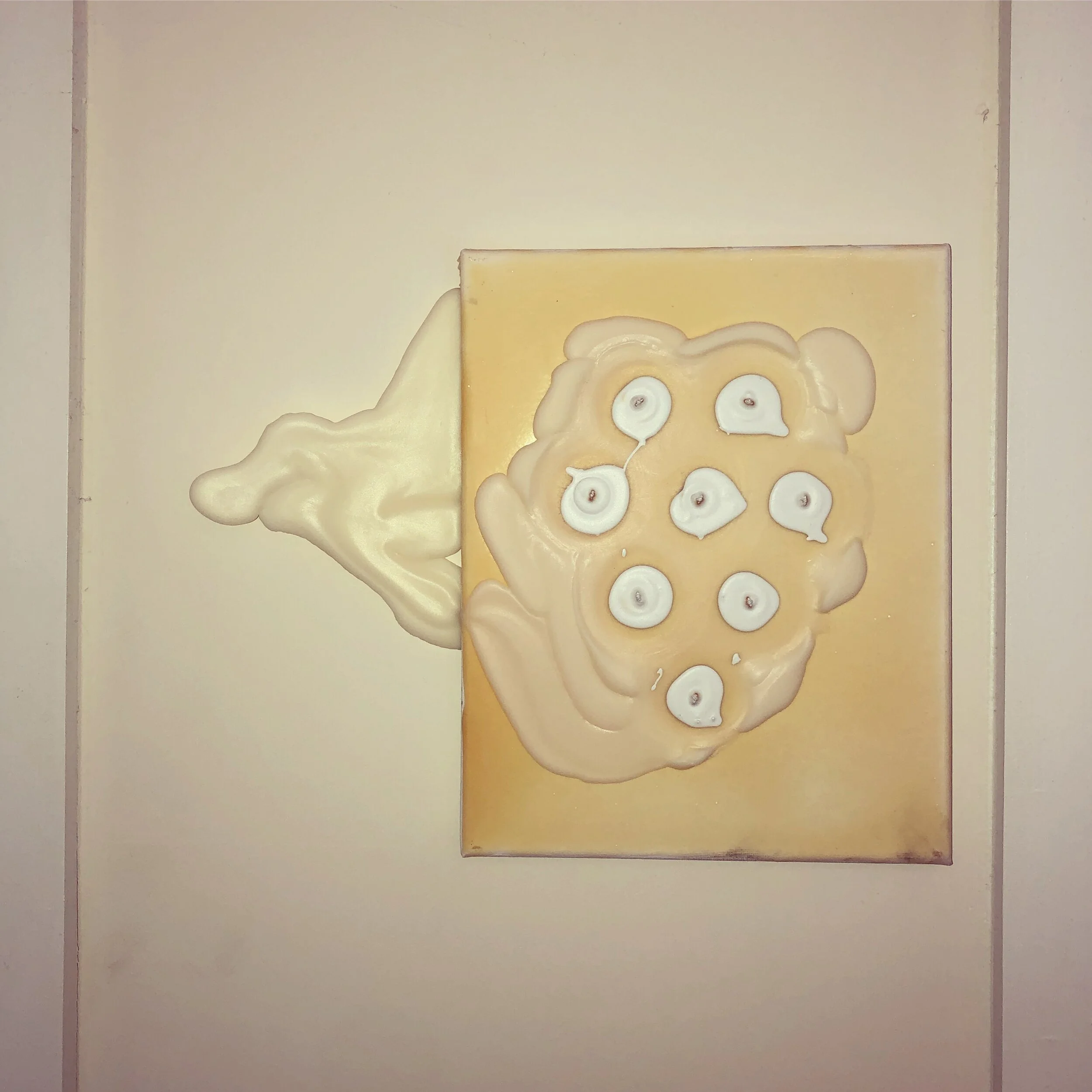 Self-portrait in wax and plastic (2019) - canvas, PartyLite candles, neoprene, acrylic paint