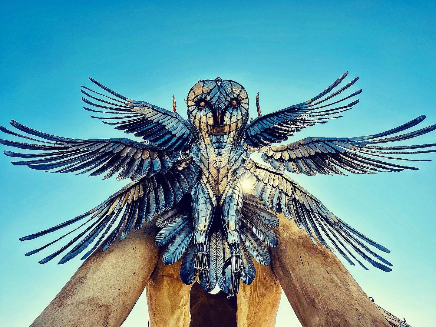 Introducing the Owl Seeing I

400 sq ft of sheet metal 
400 linear ft of steel rod 
Over 200 individual feathers 

This 25ft wingspan beast is riding on the back of towering goddess sitting upon a hill top at Carson ranch in #nebraska 

We are honore