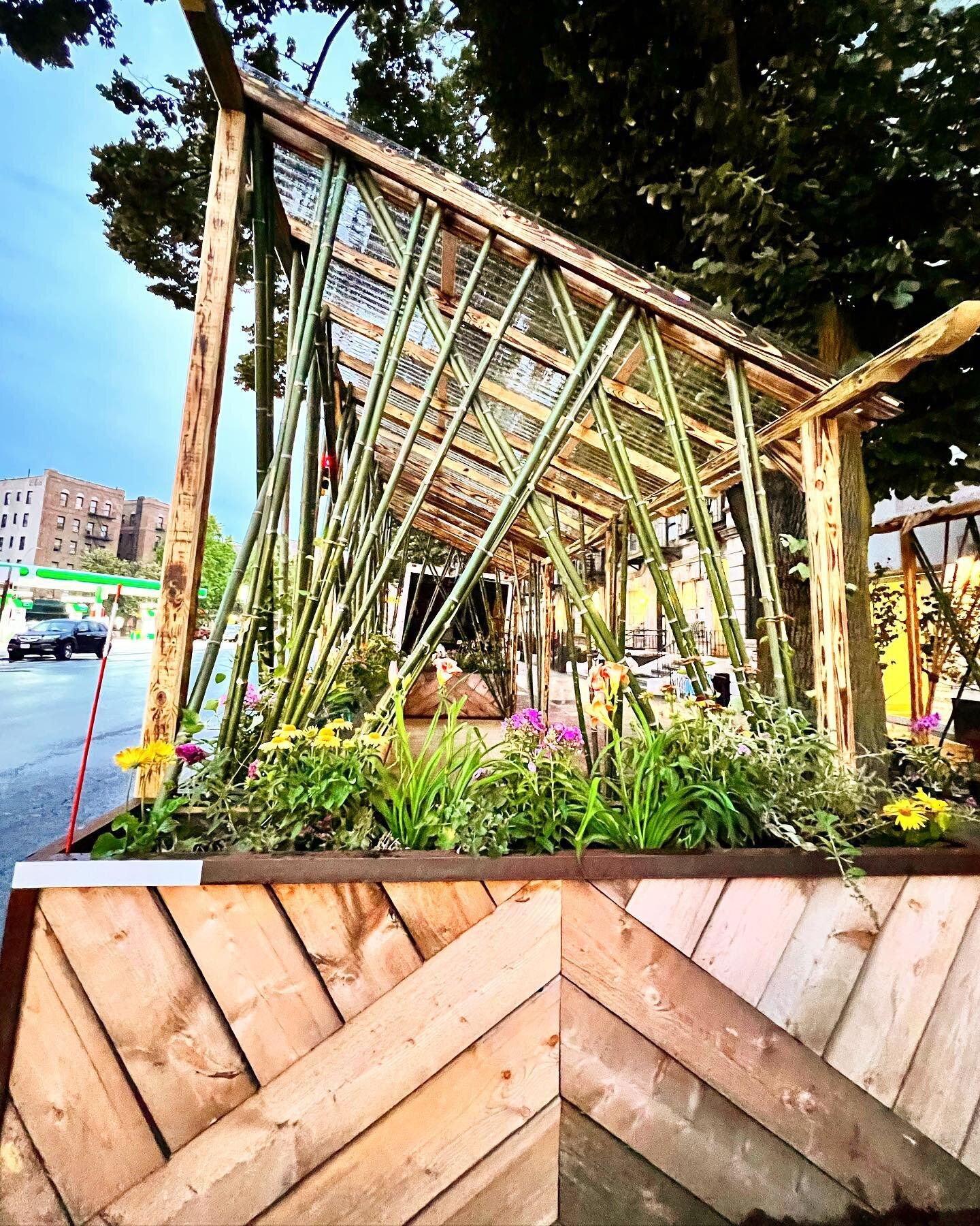 🌾🌱Streetside Garden🌱🌾 Built for @gaianomaya , we have been steadily filling with our aesthetic from wall artworks to lighting fixtures. This week we built this pergola and garden boxes with bee friendly flowers and herbs. The Bamboo was harvested