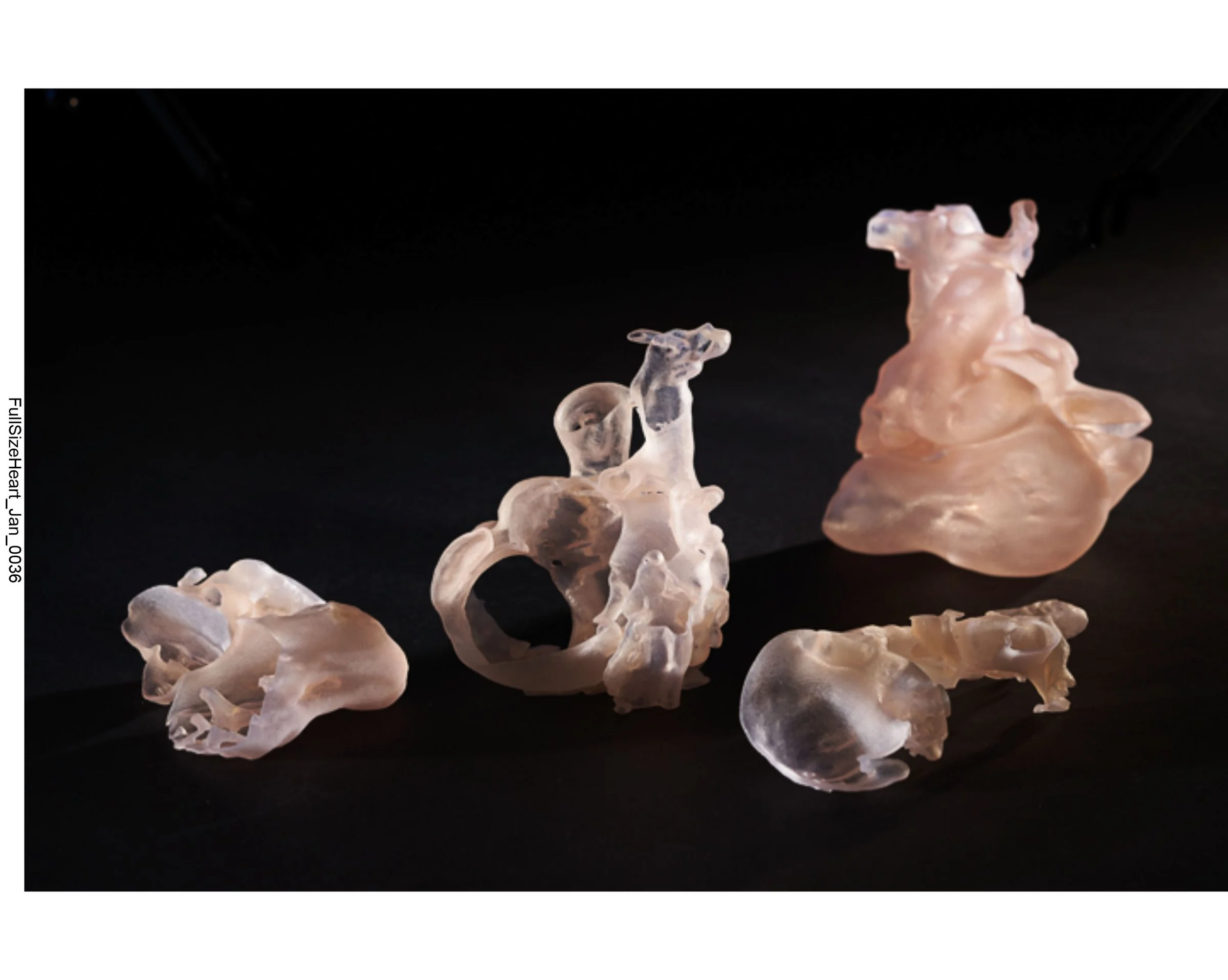 Collection of irregularly shaped, translucent, white and pinkish objects resembling miniature sculptures or abstract art pieces on a dark surface.