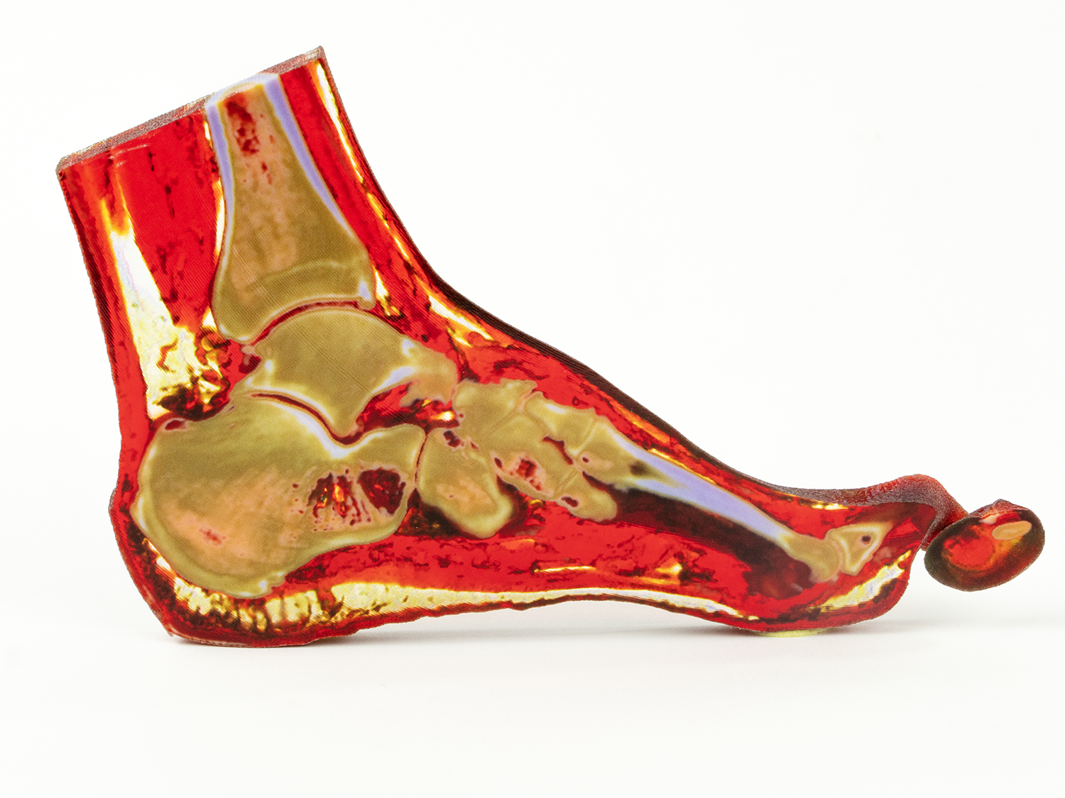 Cross-section of a glass art sculpture resembling a shoe with red, yellow, and beige colors.