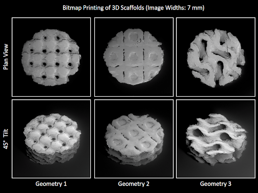 Six grayscale images of 3D-printed scaffolds arranged in a 2x3 grid. The top row shows plan view images, and the bottom row shows angled views. The scaffolds have different internal geometries labeled as Geometry 1, Geometry 2, and Geometry 3, with a focus on their porous structures.