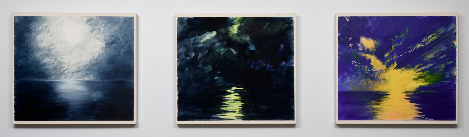  From left to right:  Peter Alexander,  Untitled (Moon Series) , 1986, Oil and wax medium on paper mounted on canvas, 31.5 x 34.25 inches. Courtesy of the Joan and Jack Quinn Family Collection  Peter Alexander,  Punta Cruces,  1986, oil and wax mediu