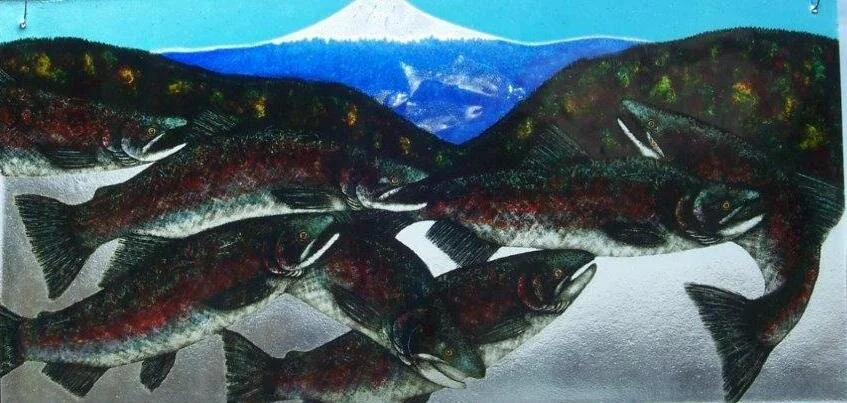 Salmon with Issaquah mountain backdrop 29.5”x 15” Hangs by Fish Hooks Regular Price: $600.00