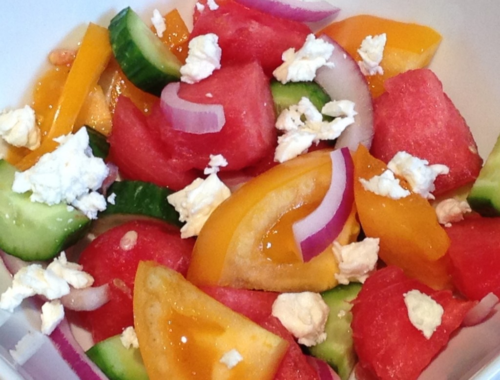 Use the last of the season's best heirloom tomatoes to make a variation of this perfect summer salad asap. Great for labor day weekend BBQ. I personally recommend mixing Watermelon, House Pickled Red Onions (marinate sliced red onions in a tiny bit of red wine vinegar), Cucumbers (seeded), Heirloom Tomatoes (mixed colors), Feta Cheese, Basil, pepper, light salt, light olive oil. 