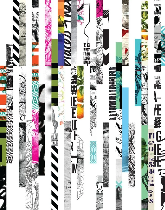 A collage of various abstract patterns, black and white drawings, text fragments, and colorful elements arranged in vertical strips.