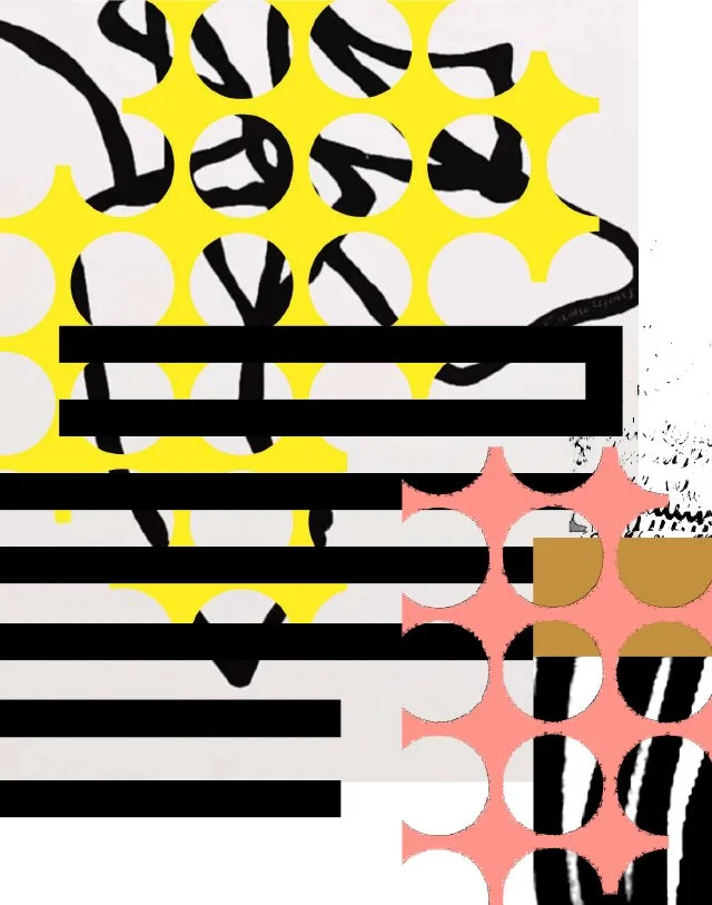 Abstract pattern with black wavy lines, yellow and pink star-like shapes, and horizontal black bars on a white background.