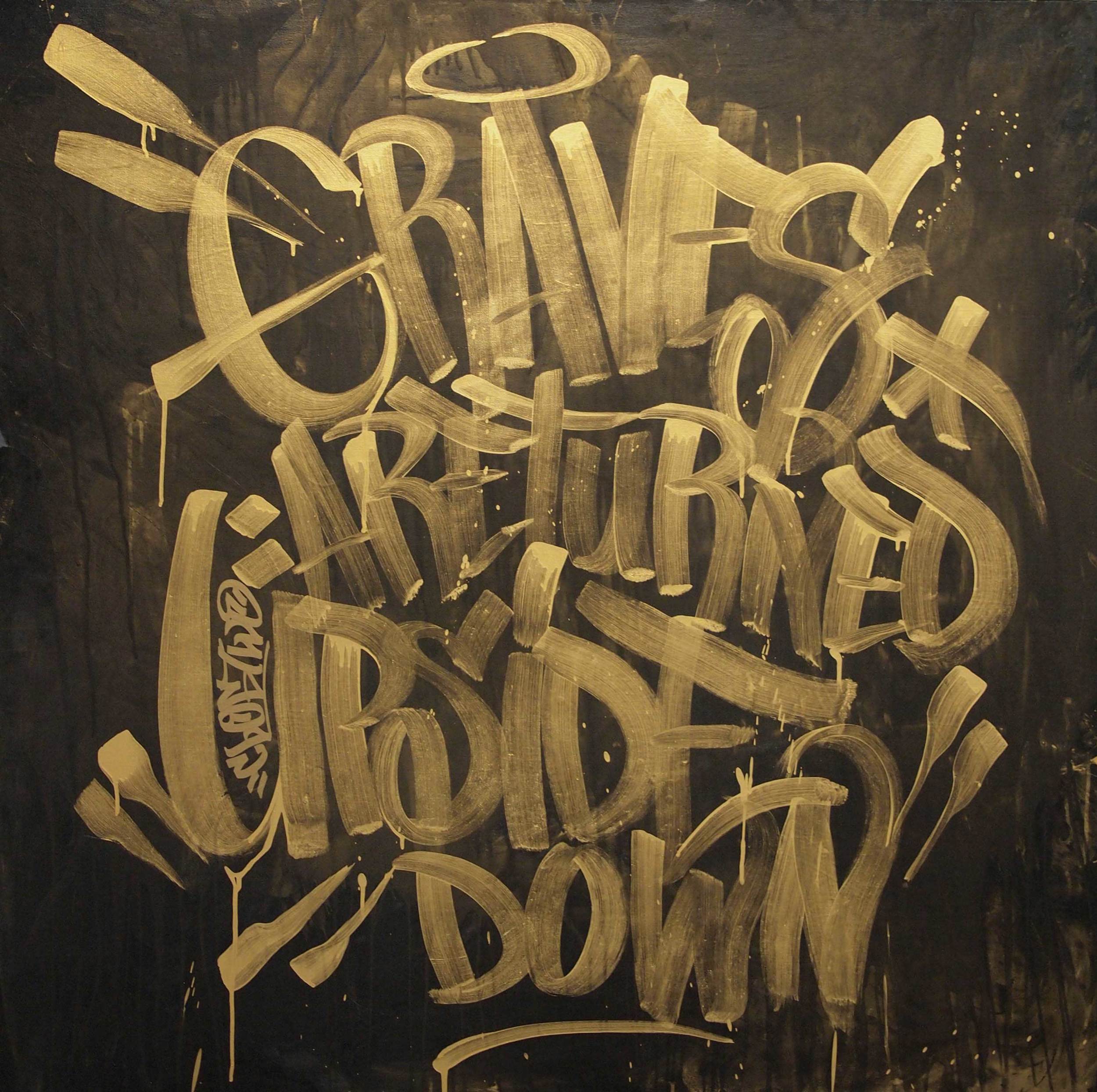  ClogTwo  Graves are turned upside down  2011 2k gold paint and acrylic on canvas 40 x 40" 