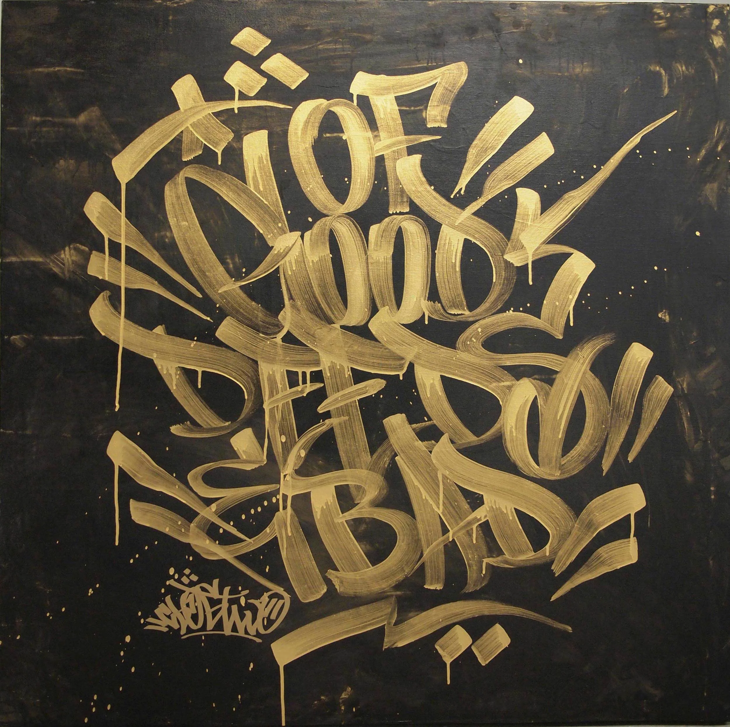 ClogTwo Of good deeds and bad 2011 2k gold paint and acrylic on canvas 40 x 40"