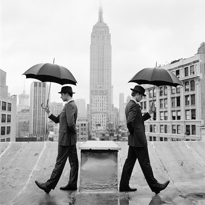   Reed and Nathan with Umbrellas on Rooftop, New York, NY  2011 Silver gelatin print 15.5 x 15.5" (image) 28 x 22" (mount) 