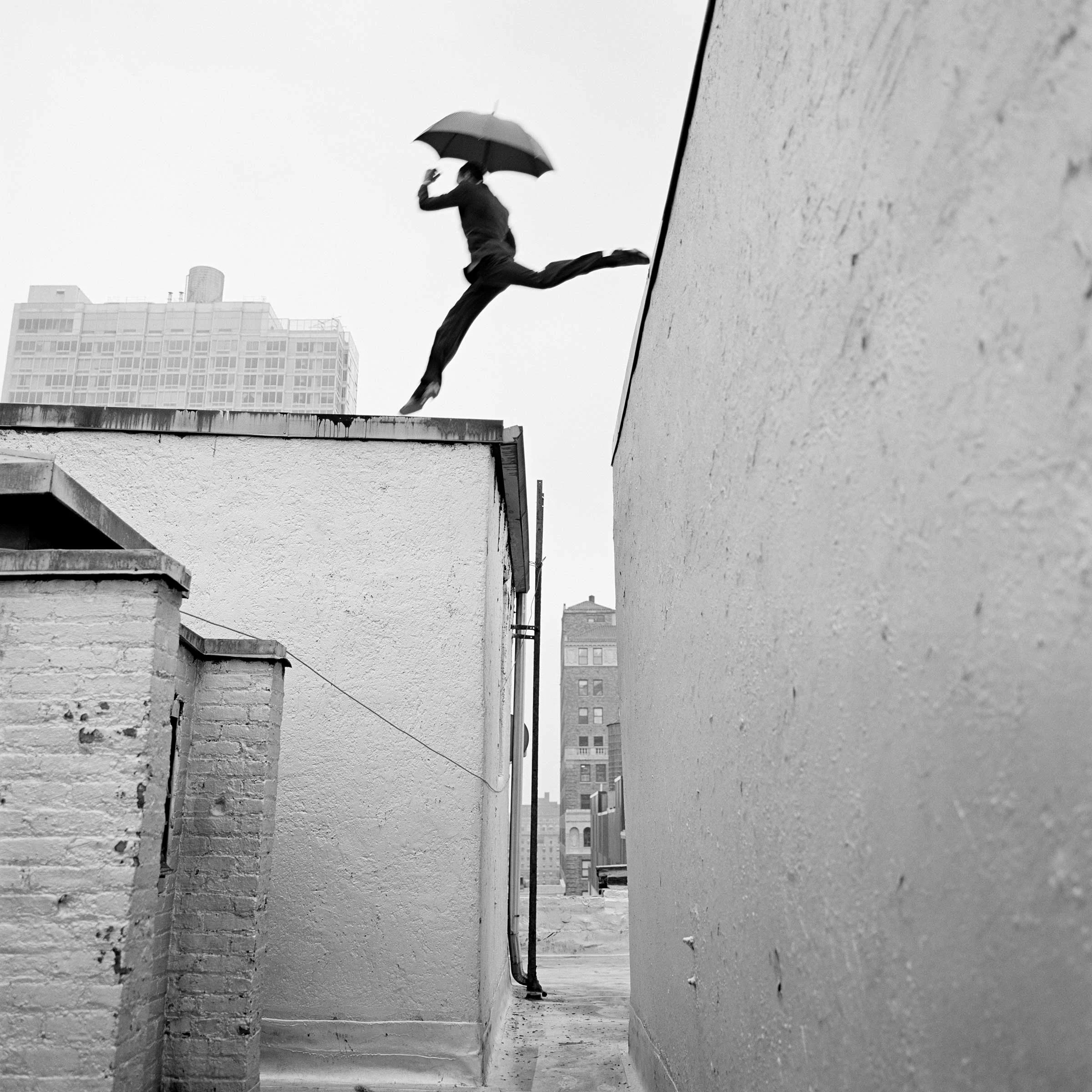 Rodney Smith Reed Leaping over Rooftop, New York, New York 2007 Silver gelatin print 39.5 x 39.5 cm (image) Edition 1/25