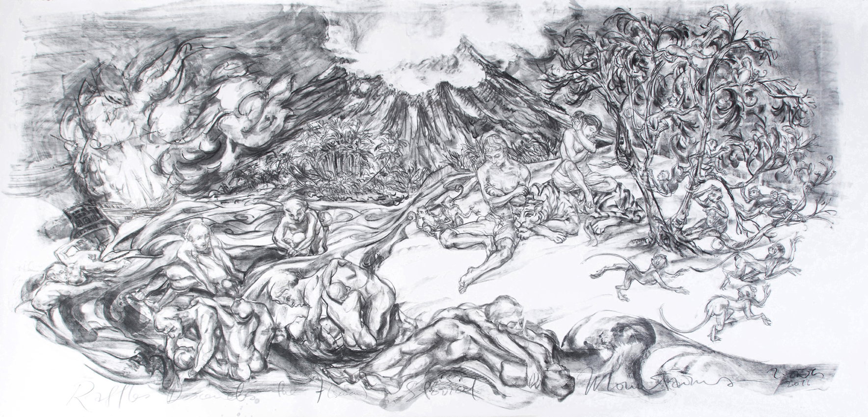  Jimmy ONG  Raffles Descends The Seven Storey Mountain (  莱佛士回首苍生)  2016 Charcoal on paper H128 x W259 cm    