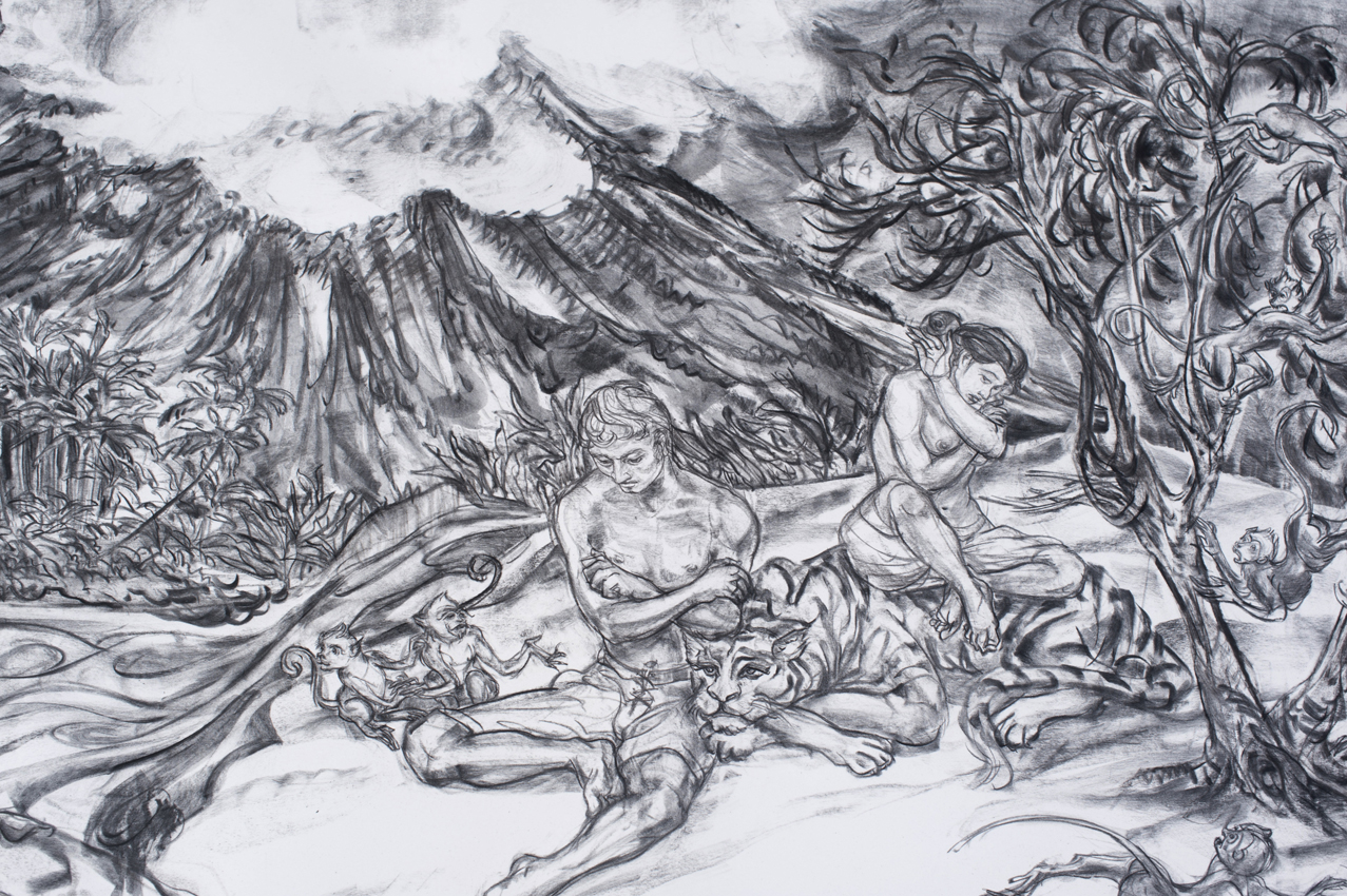  Jimmy ONG  Raffles Descends The Seven Storey Mountain (莱佛士回首苍生)&nbsp; (detail) 2016 Charcoal on paper H128 x W259 cm 