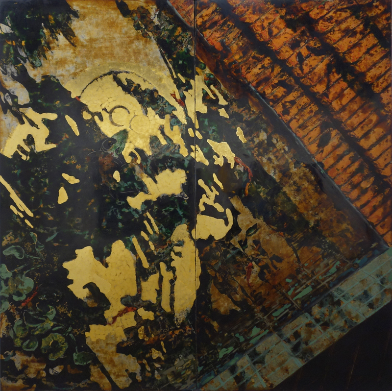  Phi Phi OANH  Lacuna (Di Sotto in Su)  2019 S ơn   ta  (Vietnamese natural lacquer) with gold, silver leaf, aluminium metals and stone pigments on wood  H240 x W240 x D4 cm (diptych) 