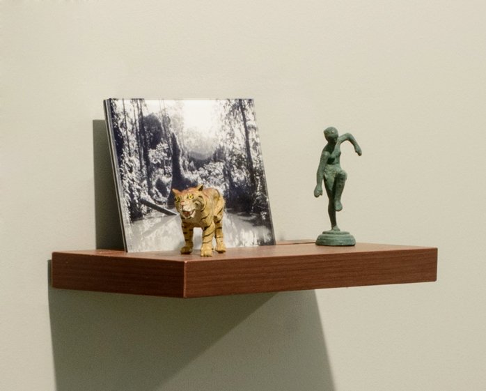Donna ONG, Postcards from the Tropics (iii), 2016, Diasec print, wooden shelf, and tropical souvenirs (antique bronze statuette and vintage wooden tiger), H15.5 x W32 x D13.2 cm (image-2). Credit-Fotograffiti (John .jpg