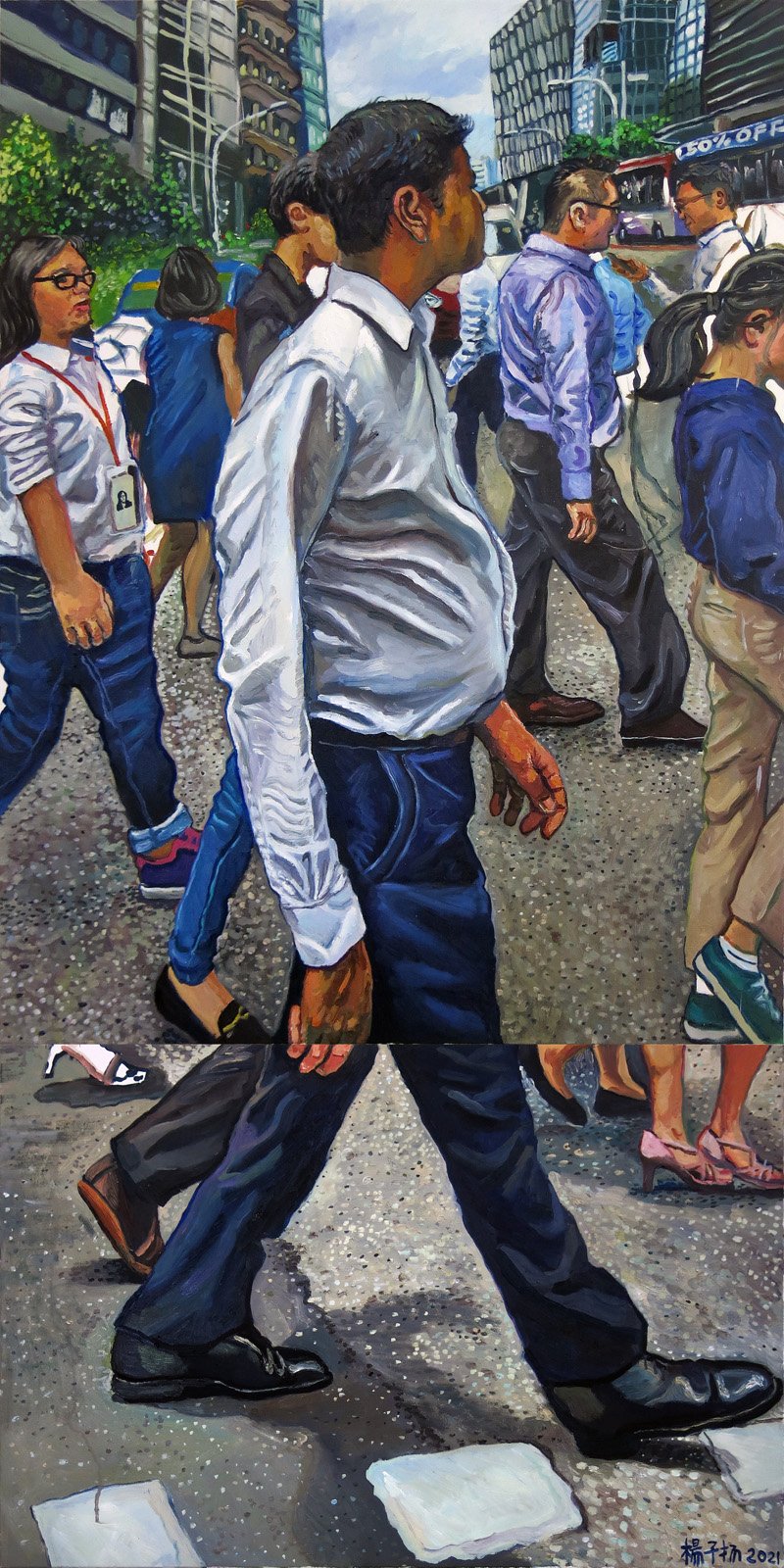  YEO Tze Yang  Walking Back To Office After Lunch  2021 Oil on canvas H183 x W92 cm (diptych) 