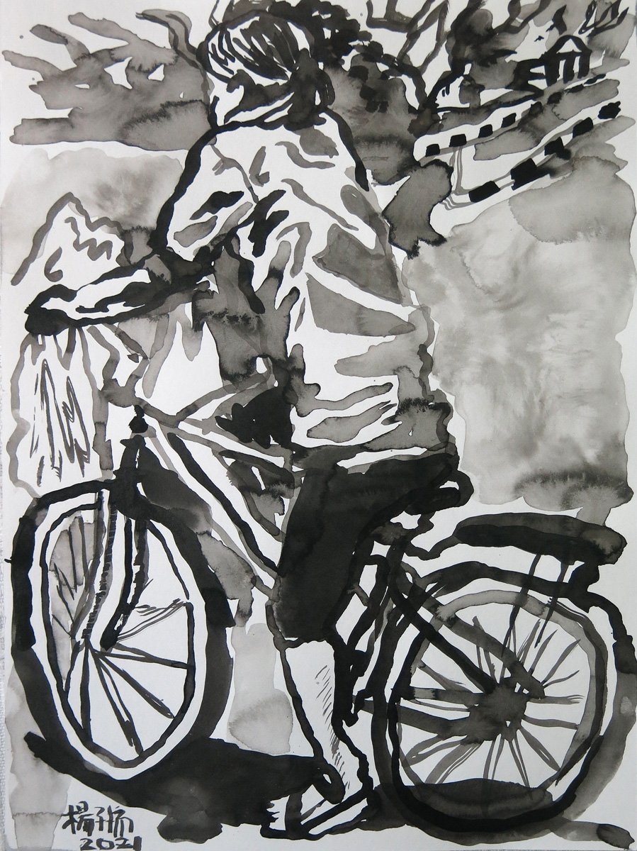  YEO Tze Yang  Woman On A Bicycle  2021 Ink on paper H29.7 x W21 cm 