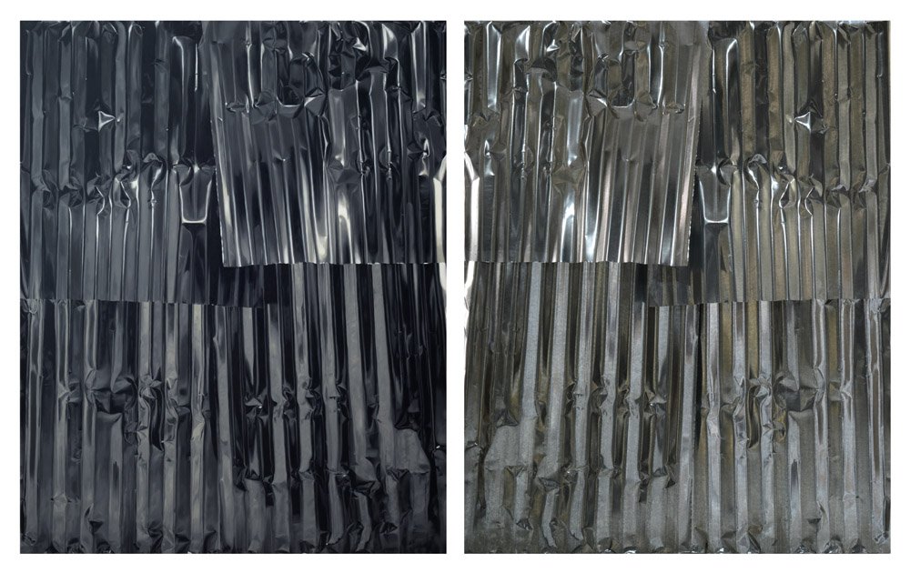  Luis Antonio Santos  Untitled (Structures)  2023 Oil on canvas and galvanized iron sheet H152.5 x W243.8 x D15 cm (diptych) 
