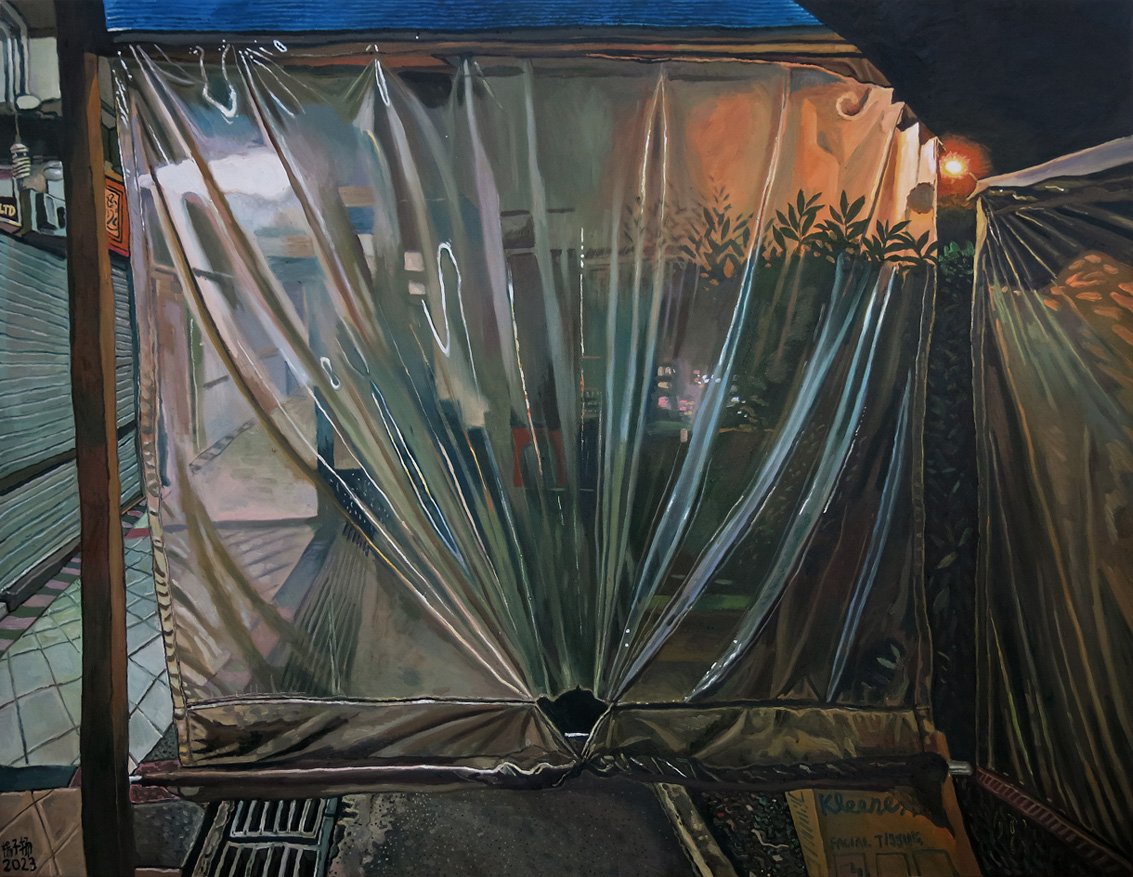  YEO Tze Yang  A Hole In The Plastic Sheet  2023 Oil and sand on canvas H180 x W230 cm 