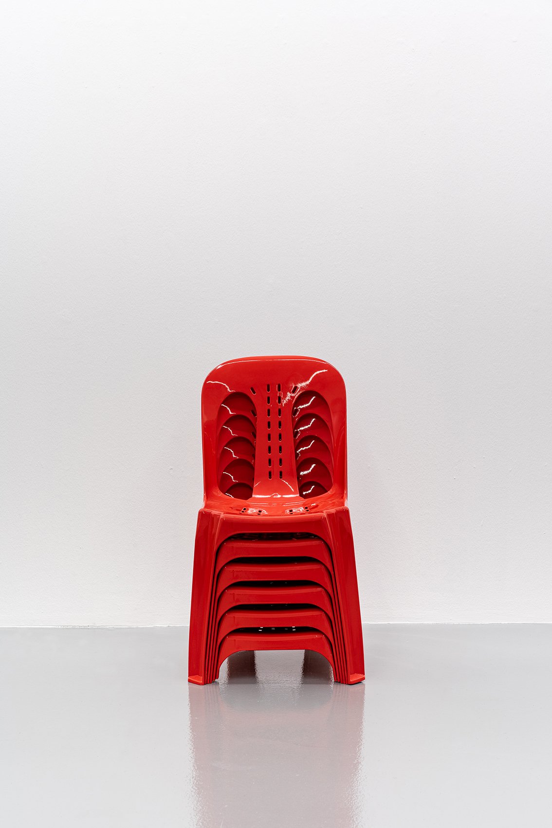  Kray CHEN  Between the Chair and the Butt #1 (Stack of 6 in Candy Red)  2020 Plastic chairs, automotive paint H80.5 x W45 x D49 cm (stacked) 