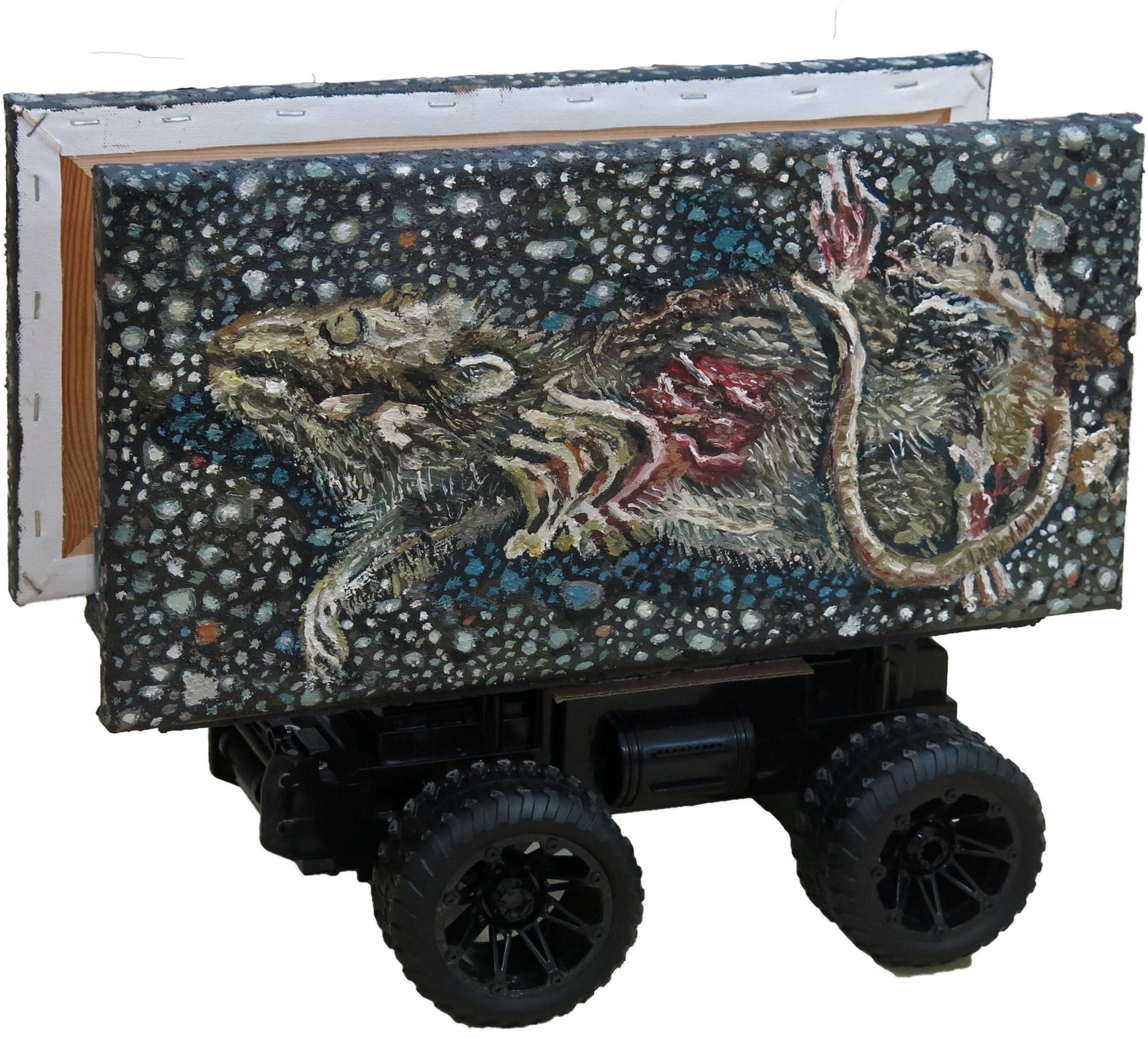   Reanimated Dead Rat   2023  Oil on canvas, wood, remote control toy car and remote control  H32.5 x W40.5 x D21 cm (left) 