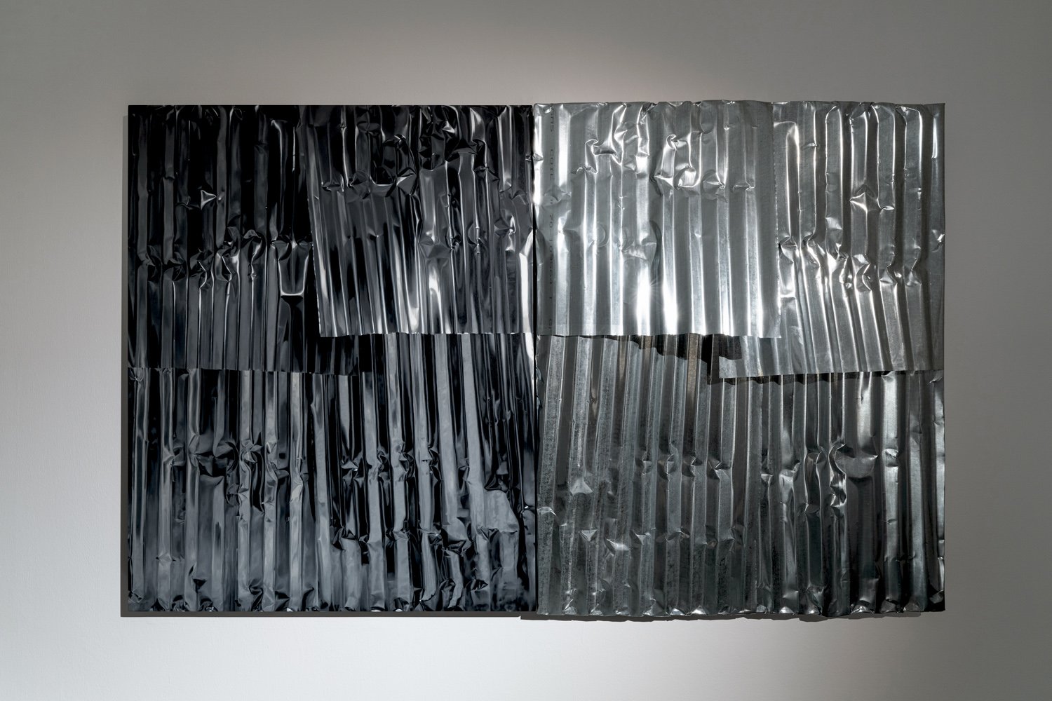  Luis Antonio Santos    Untitled (Structures)   2023  Oil on canvas and distorted galvanized iron sheet   H152.4 x W243.8 cm (diptych)  