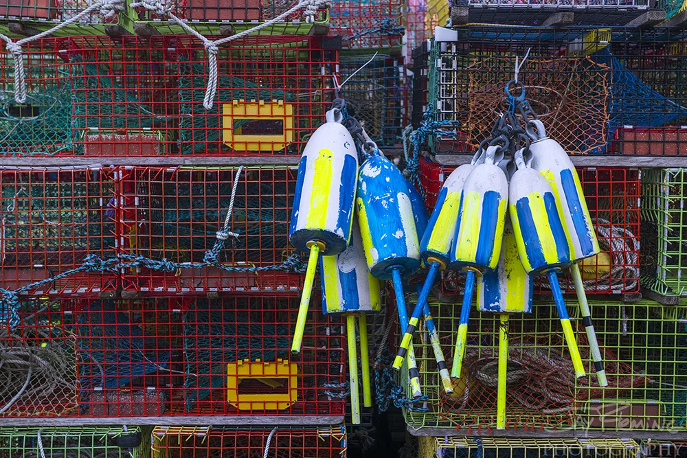 Colorful lobster gear on the wharf at Matinicus Island.