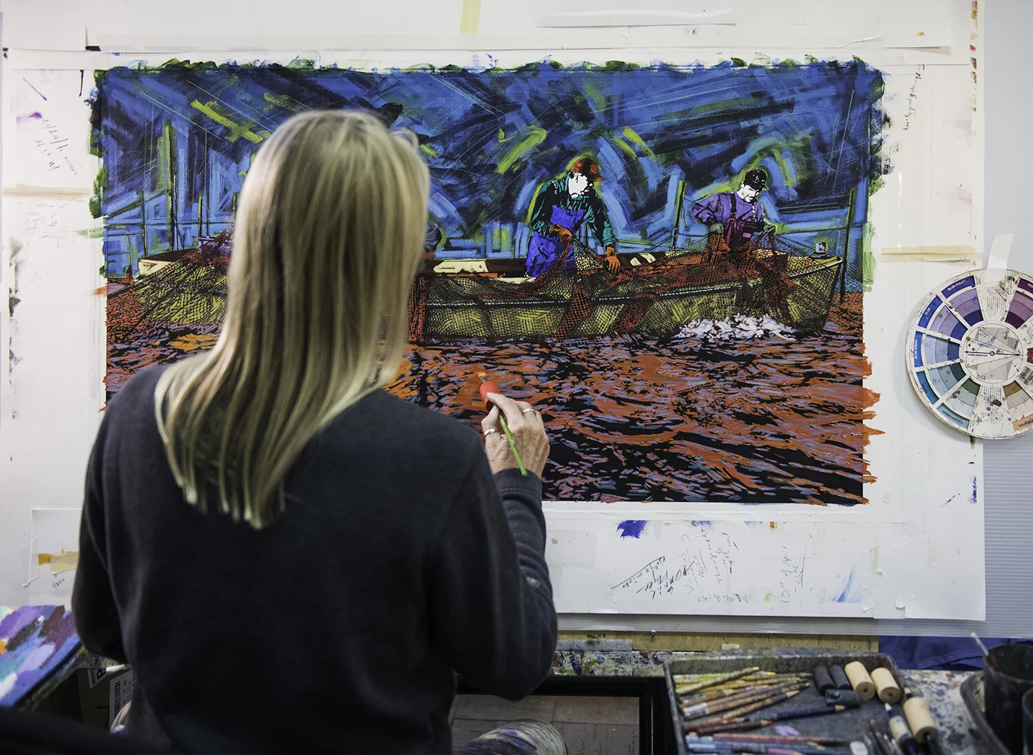 H.C. Porter working on a mixed media collaboration with my photographs from 'Working the Water'