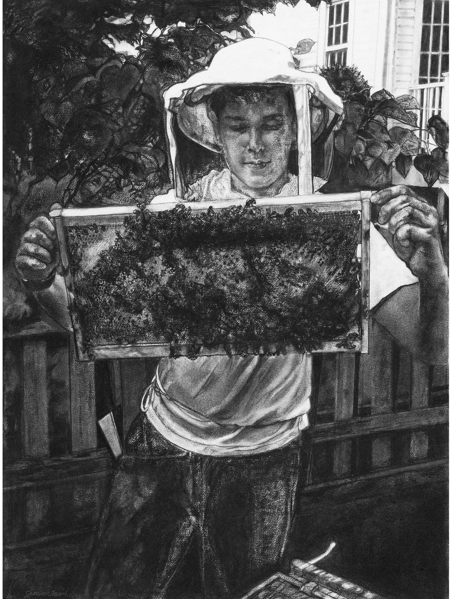   Seth with Honey Bees,  charcoal on rag paper 