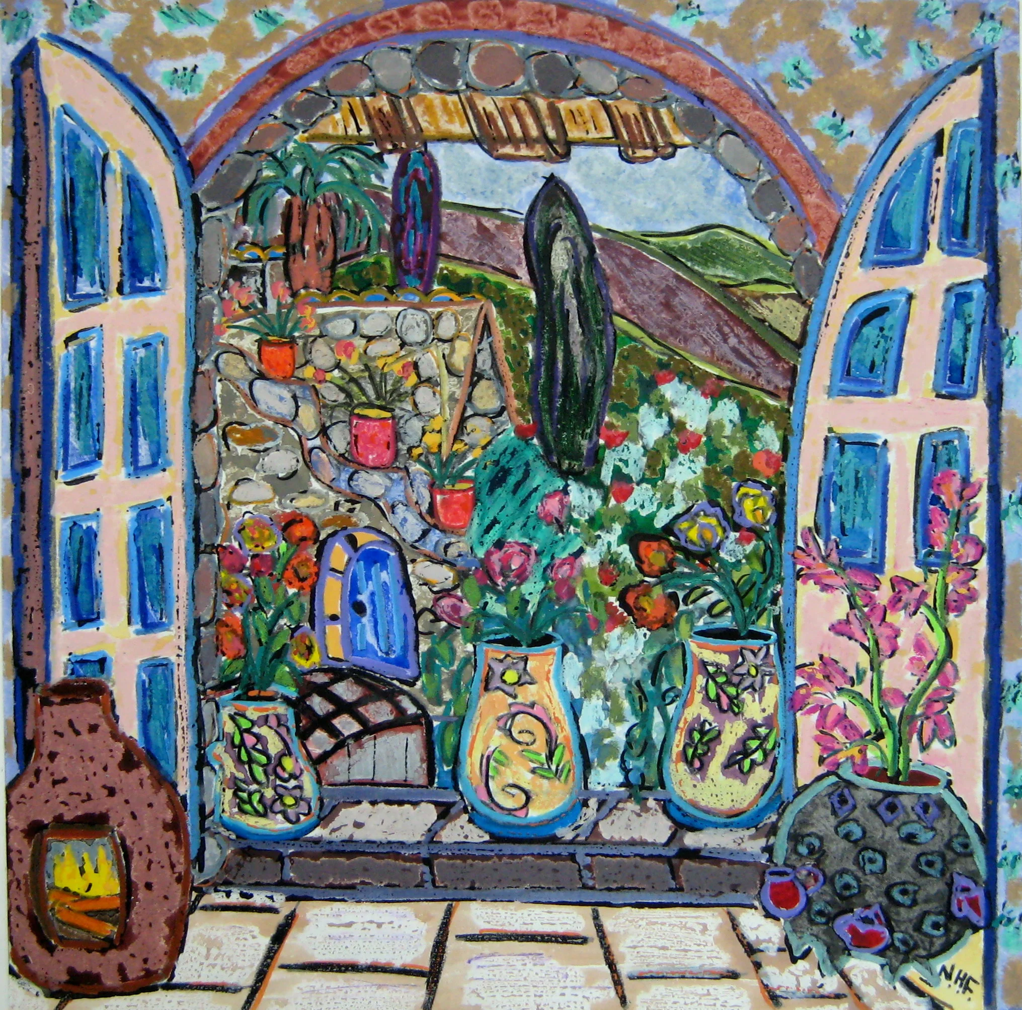 Three Pots in a Doorway, by Nan Hass Feldman.