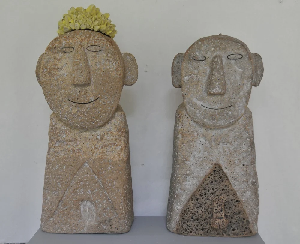 Jaeok Lee Guardians of fertility #1 , Clay, 9"x8"x25", 9"x7"x23" $1500 for 25," $1400 for 23"