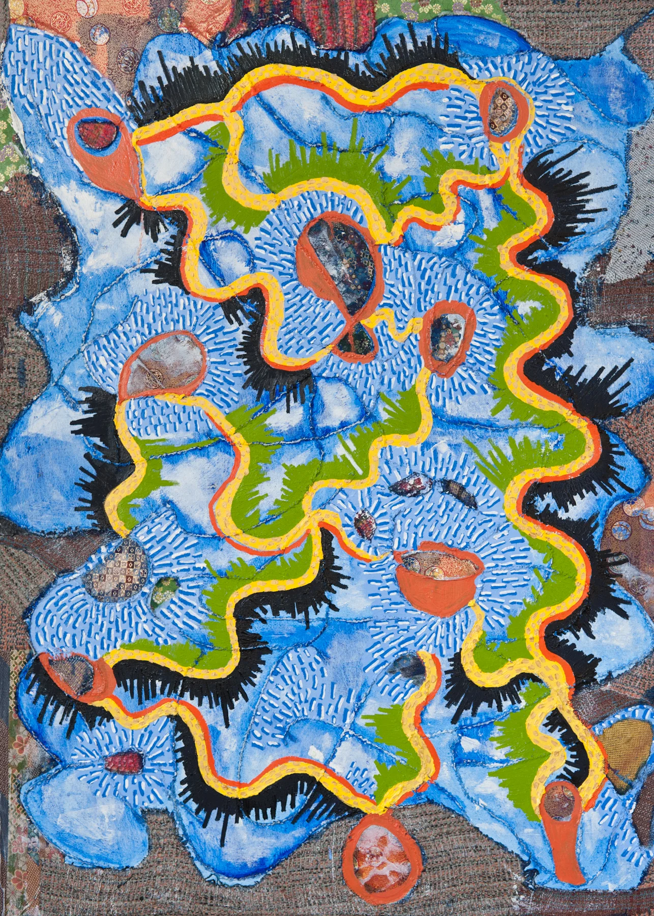 Resonance, Handwoven fabric, string and oil on canvas, 48x36