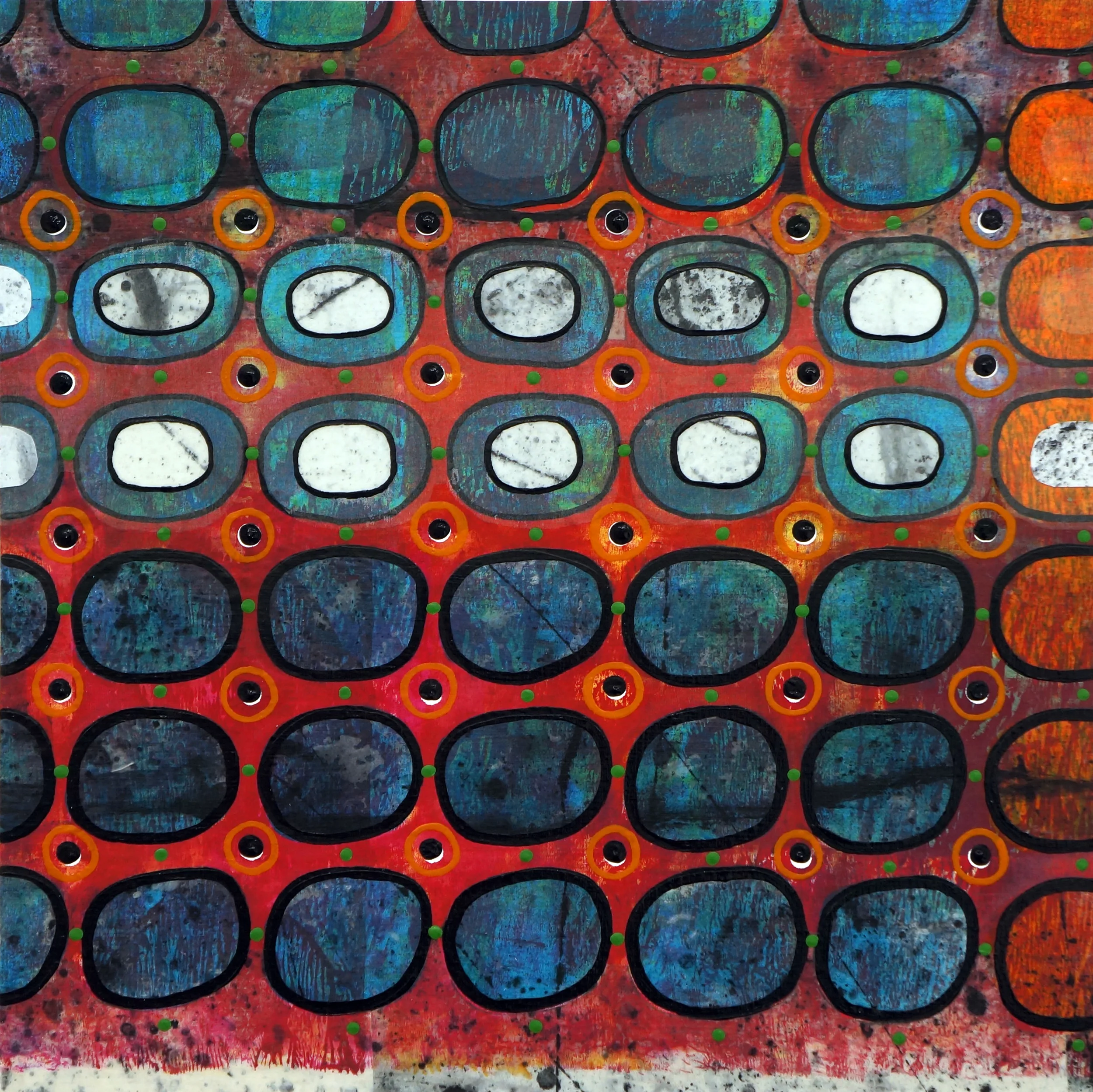 Jeanne Williamson , Bubbles and Cracks on Ice on Fences #2, mixed media on cradled board, 14x14