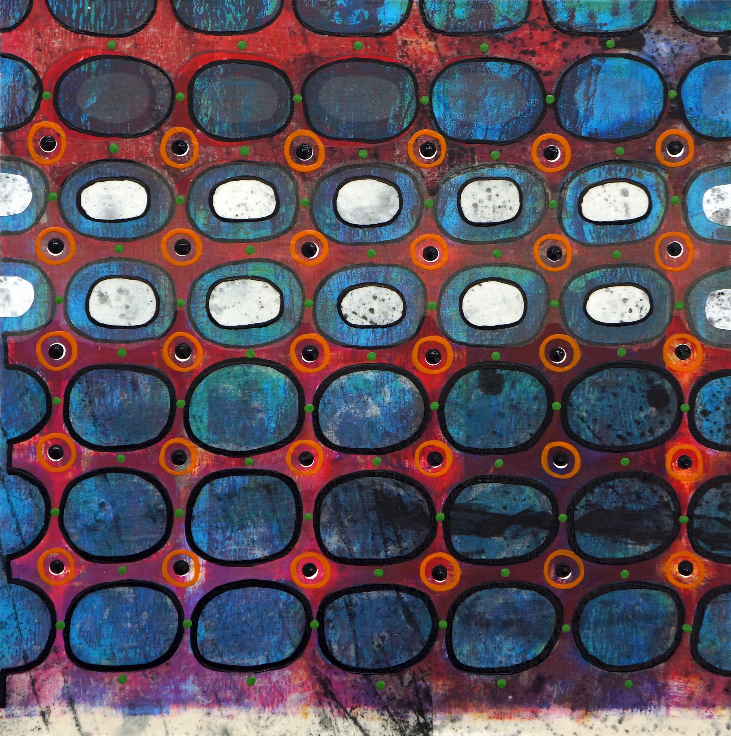 Jeanne Williamson , Bubbles and Cracks on Ice on Fences #1 , mixed media on cradled board, 14x14