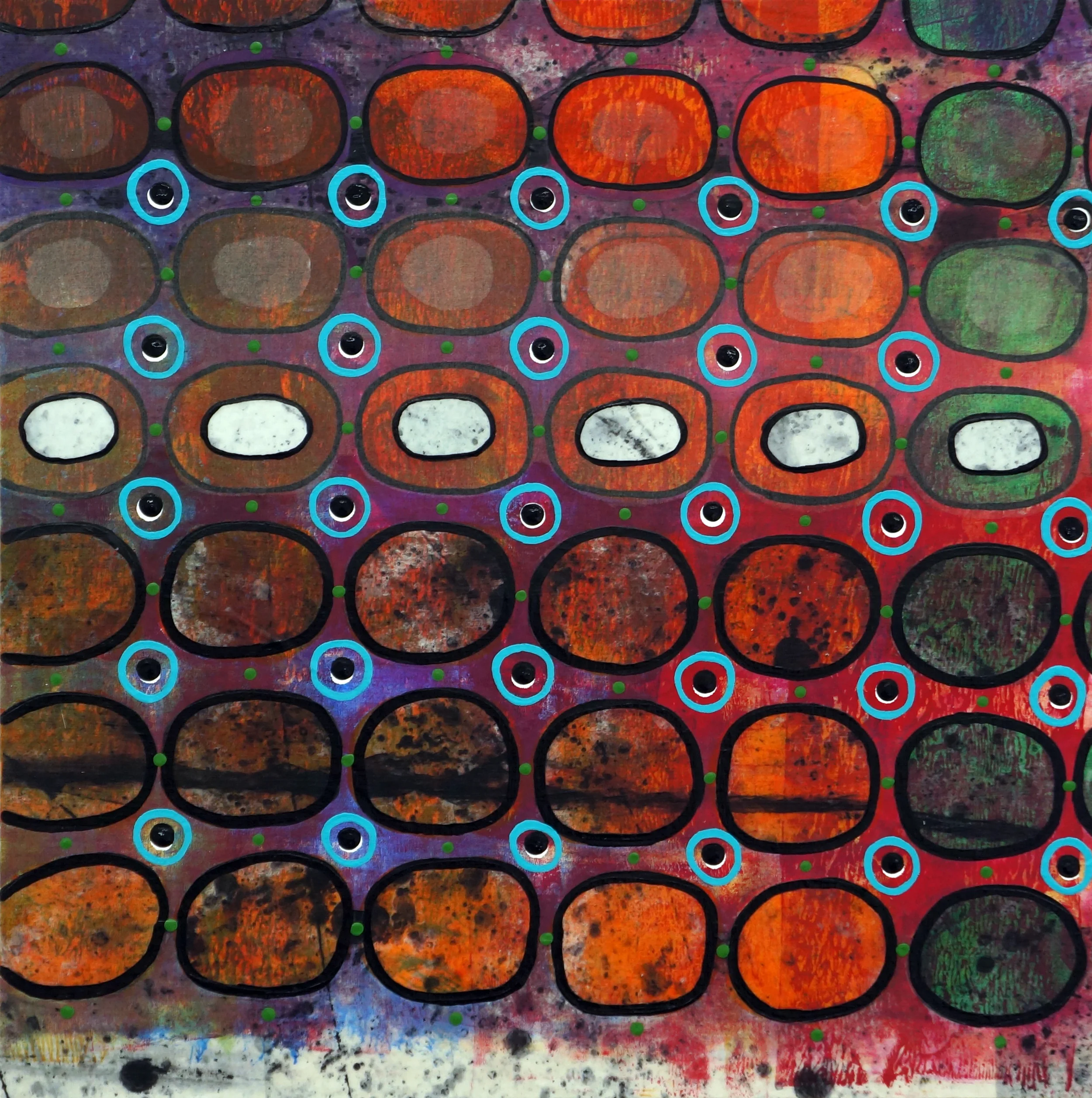 Jeanne Williamson, Bubbles and Cracks on Ice on Fences #4 , mixed media on cradled board, 14x14