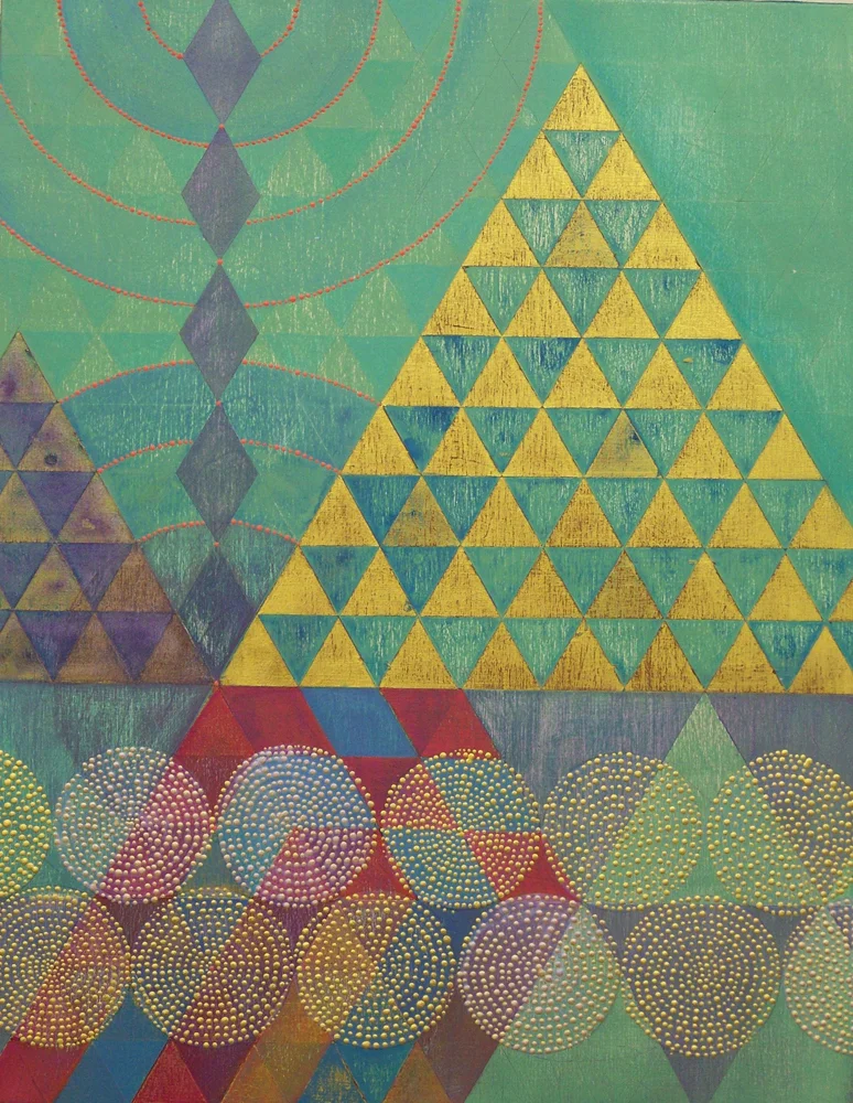 Denise Driscoll , Triangles 6 , acrylic on panel, 18x14