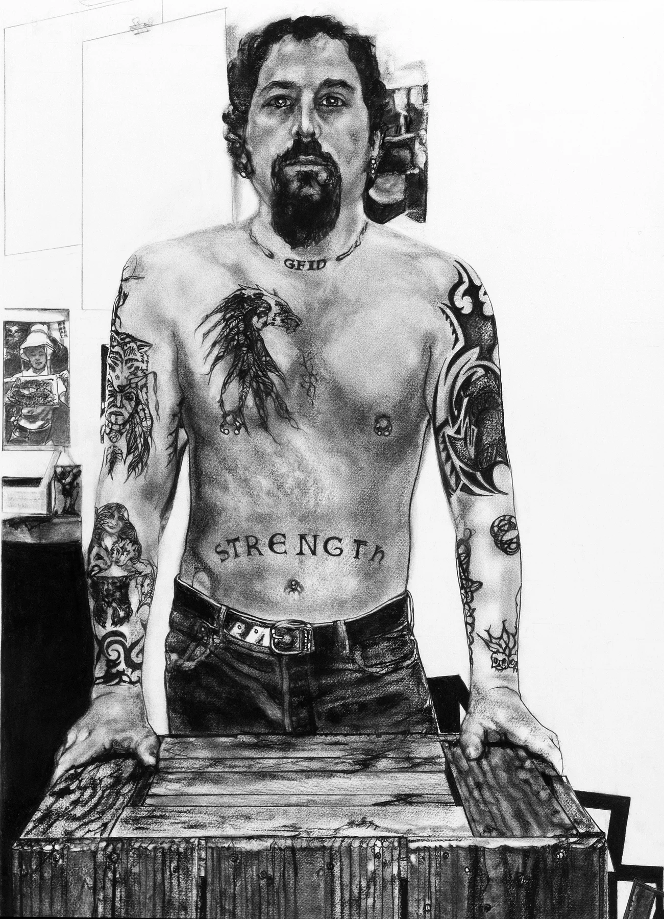 Mary Spencer, Jay Showing His Ink , charcoal on rag paper, 30x22, framed