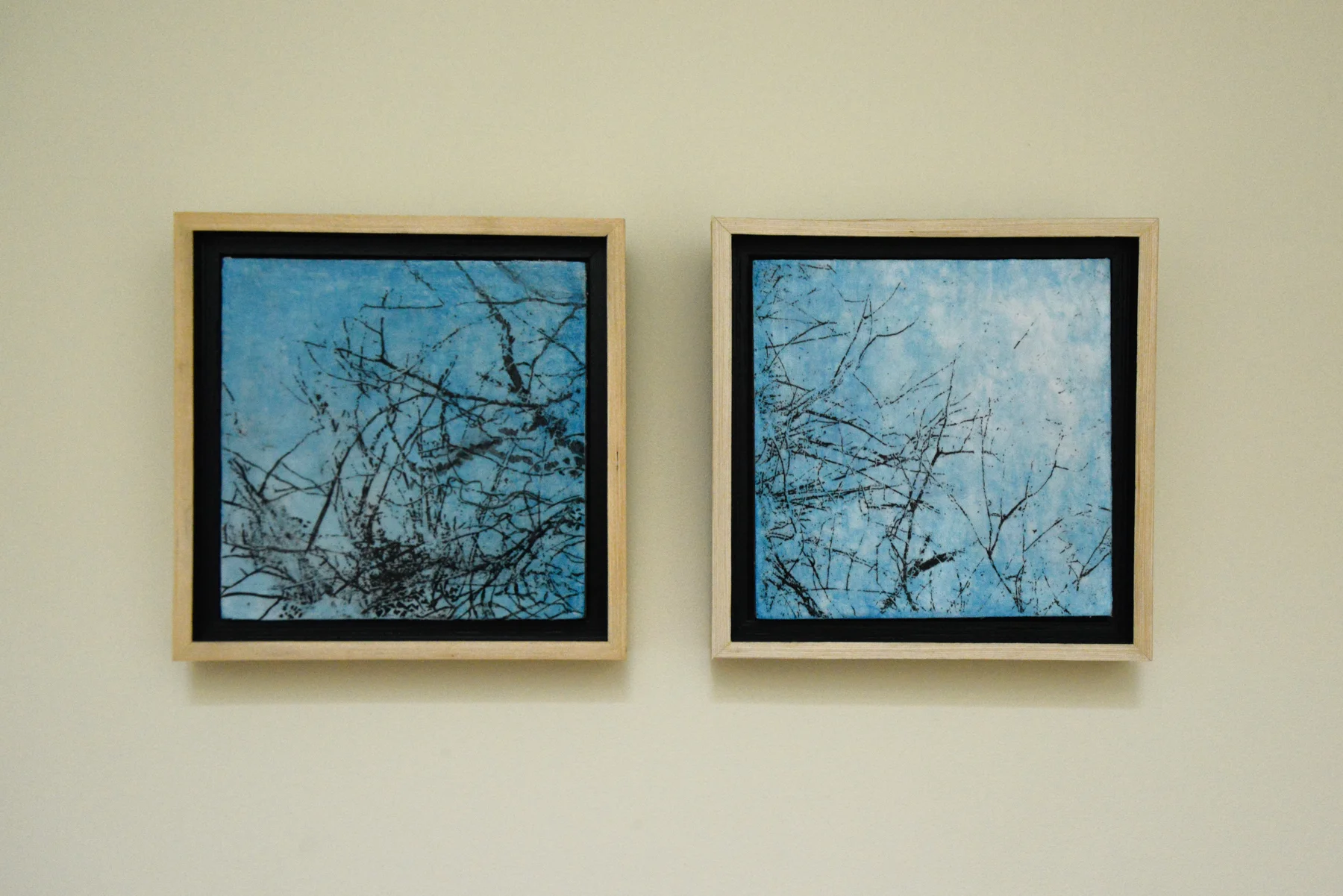 My newest acquisition, two sweet little paintings by Cheryl Clinton, from her Boylston Tree Light series.