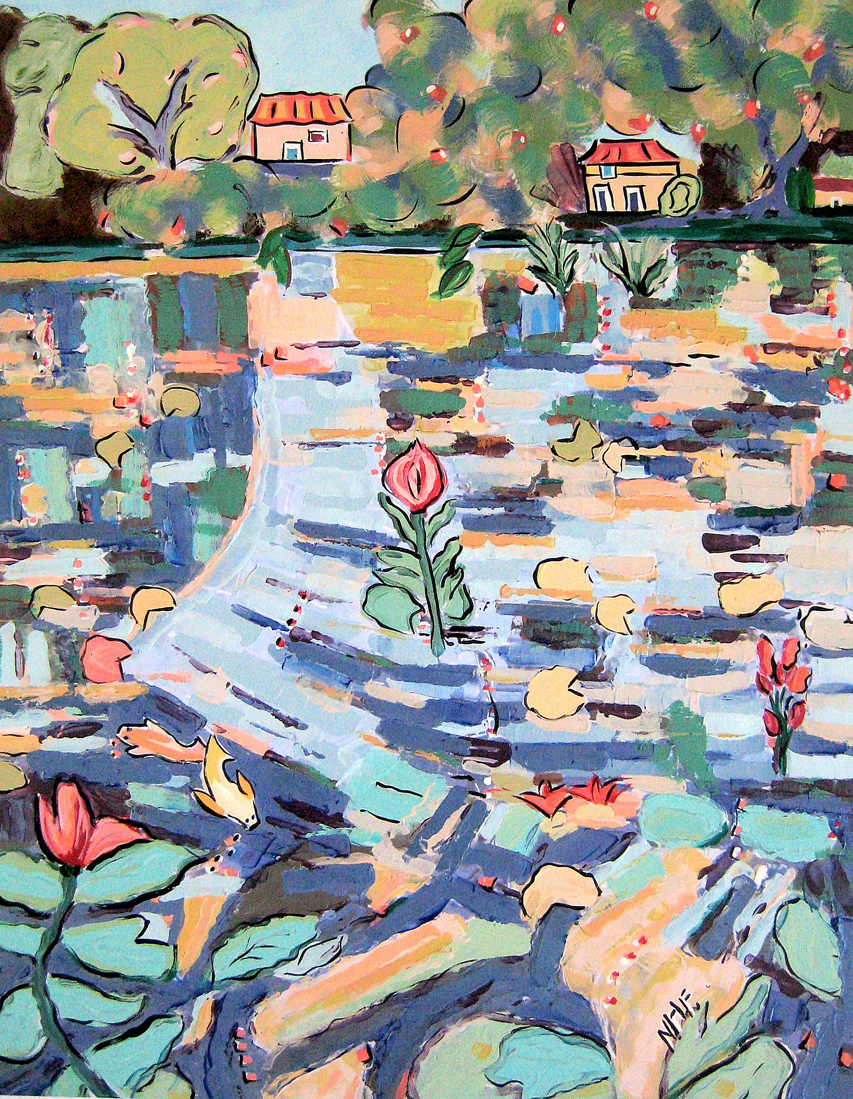   Houses Beyond the Lily Pond 2 , acrylic on mounted board, 18x15, 22x20 matted 