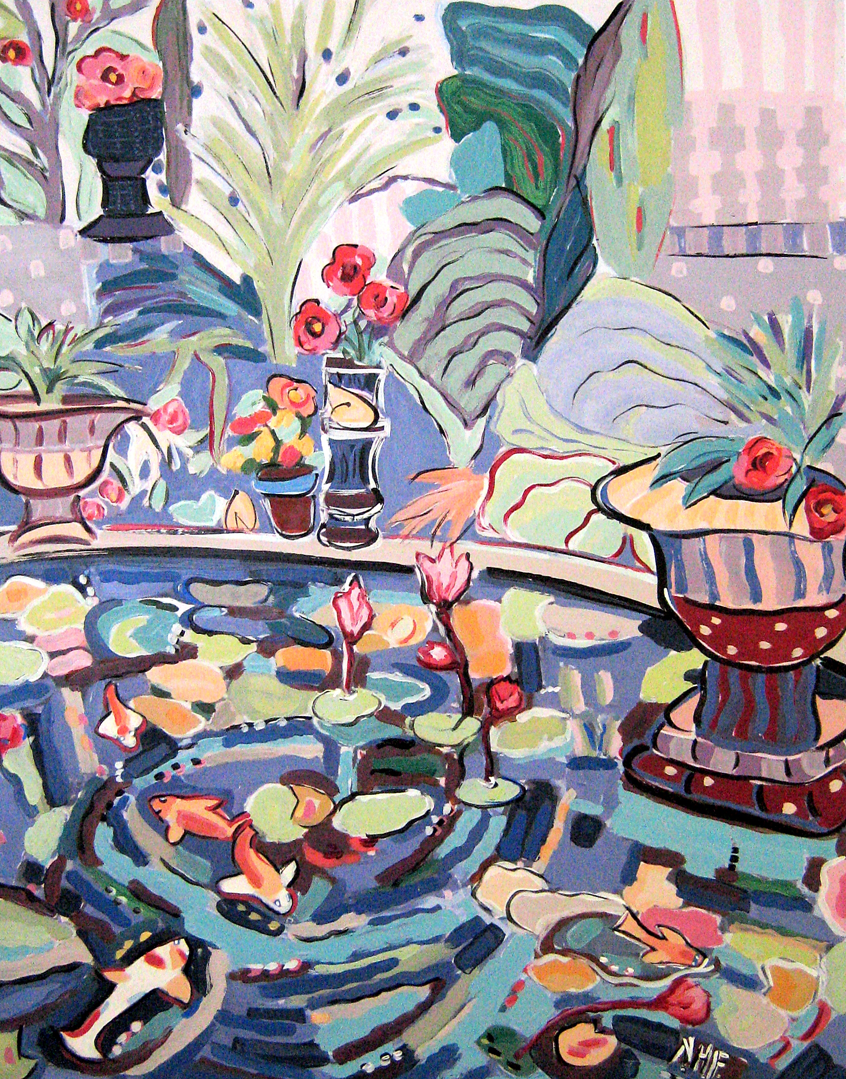   Stone Urns by the Lily Pond 2 , acrylic on mounted board, 18x15, 22x20 matted 