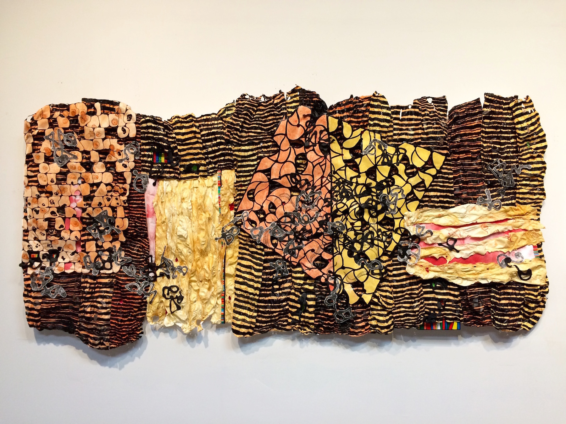   Knowledge is a Rumor till it Lives in the Muscle ,&nbsp;acrylic on cut and molded Tyvek; mixed media, 78"&nbsp;x 38"&nbsp;x 3" 