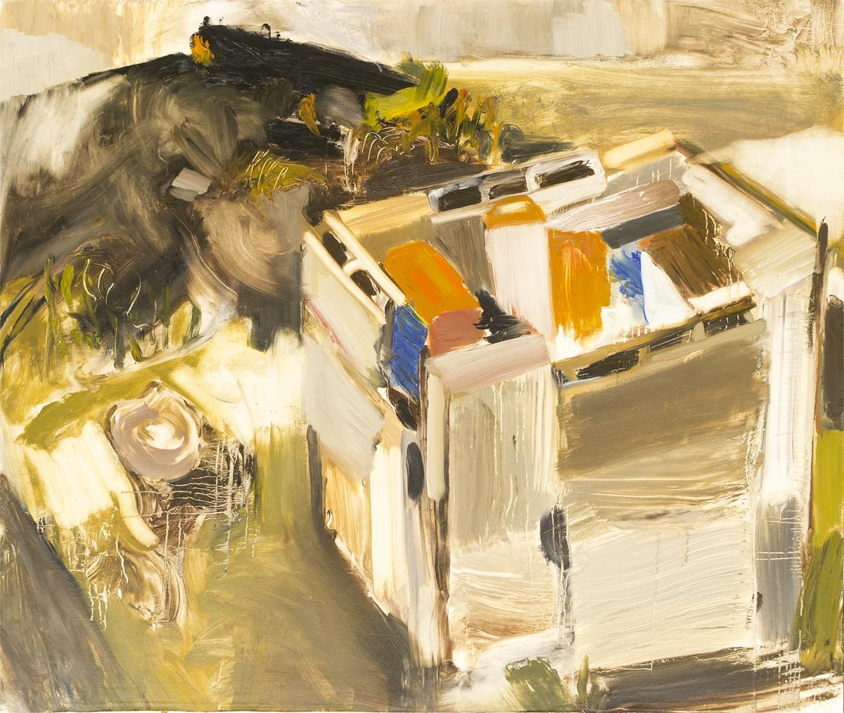 Kerosene Cans in Concrete Block Cube, Tree Stump, and Yesterday's Fire , oil, 44" x 52"